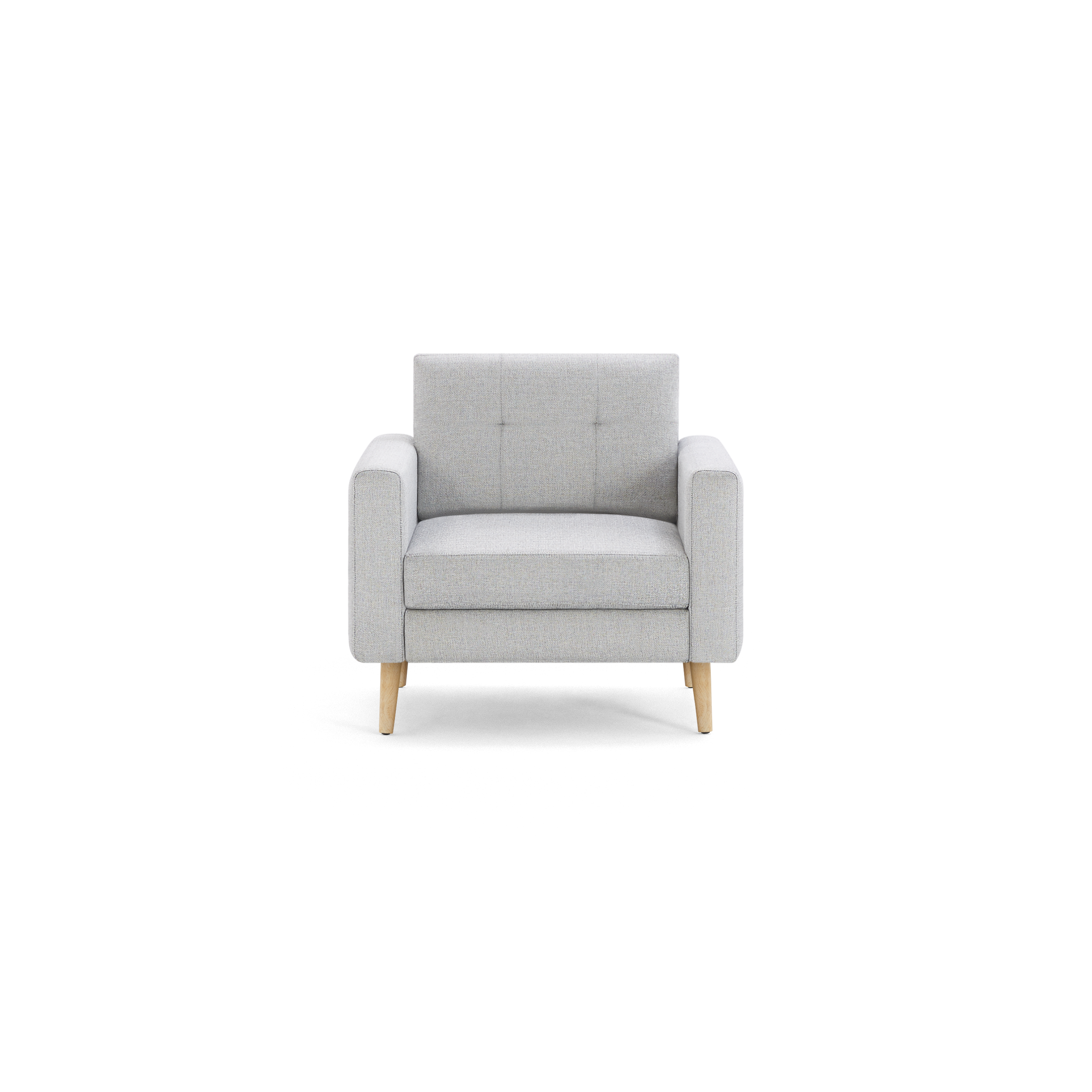 Light gray upholstered armchair with tufted backrest, square arms, and natural wood legs, shown on white background.