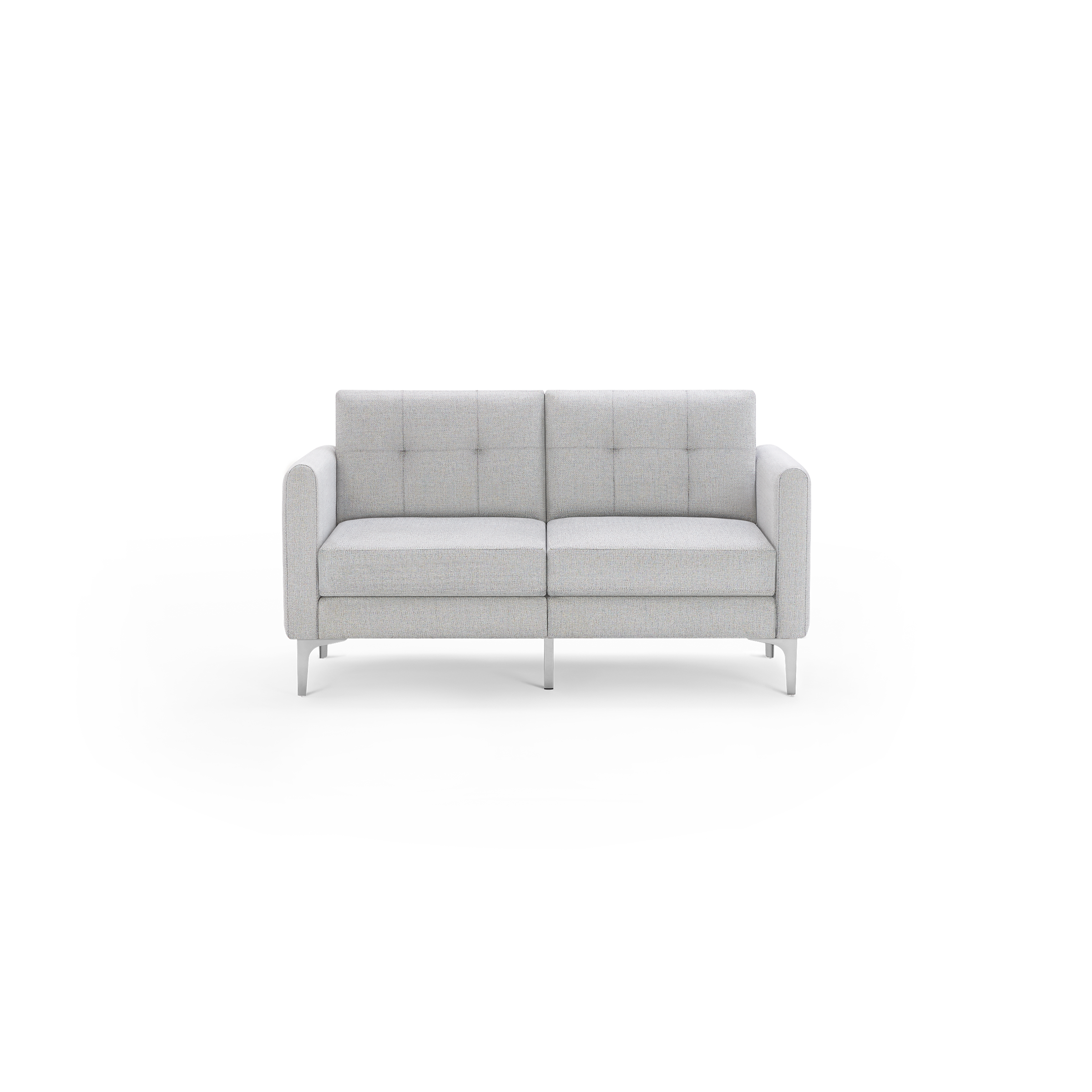 Light gray two-seater sofa with tufted backrest, cushioned seats, metal legs, and straight armrests, modern and minimalist design.