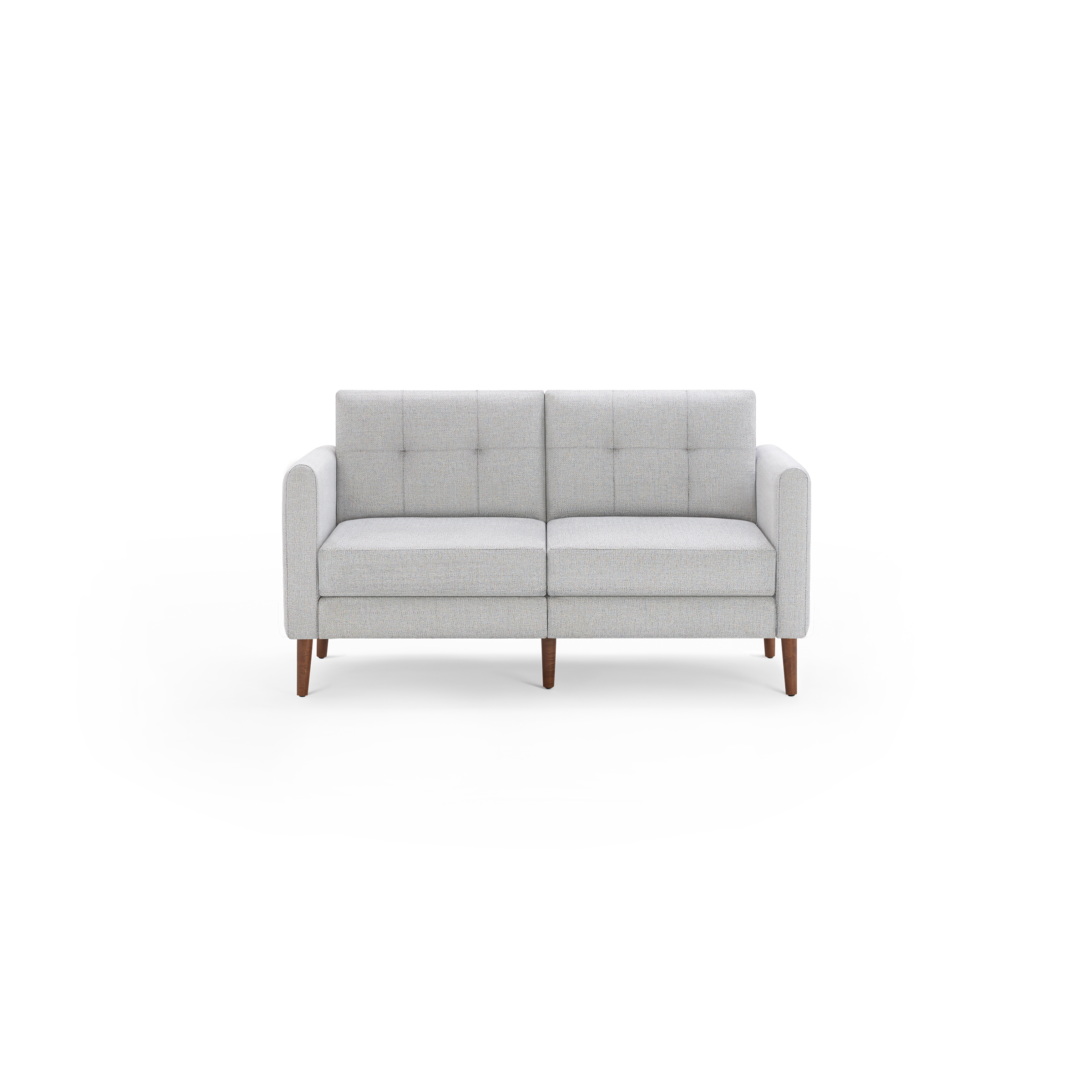 Light gray upholstered mid-century modern loveseat with tufted backrests and wooden tapered legs on black background.