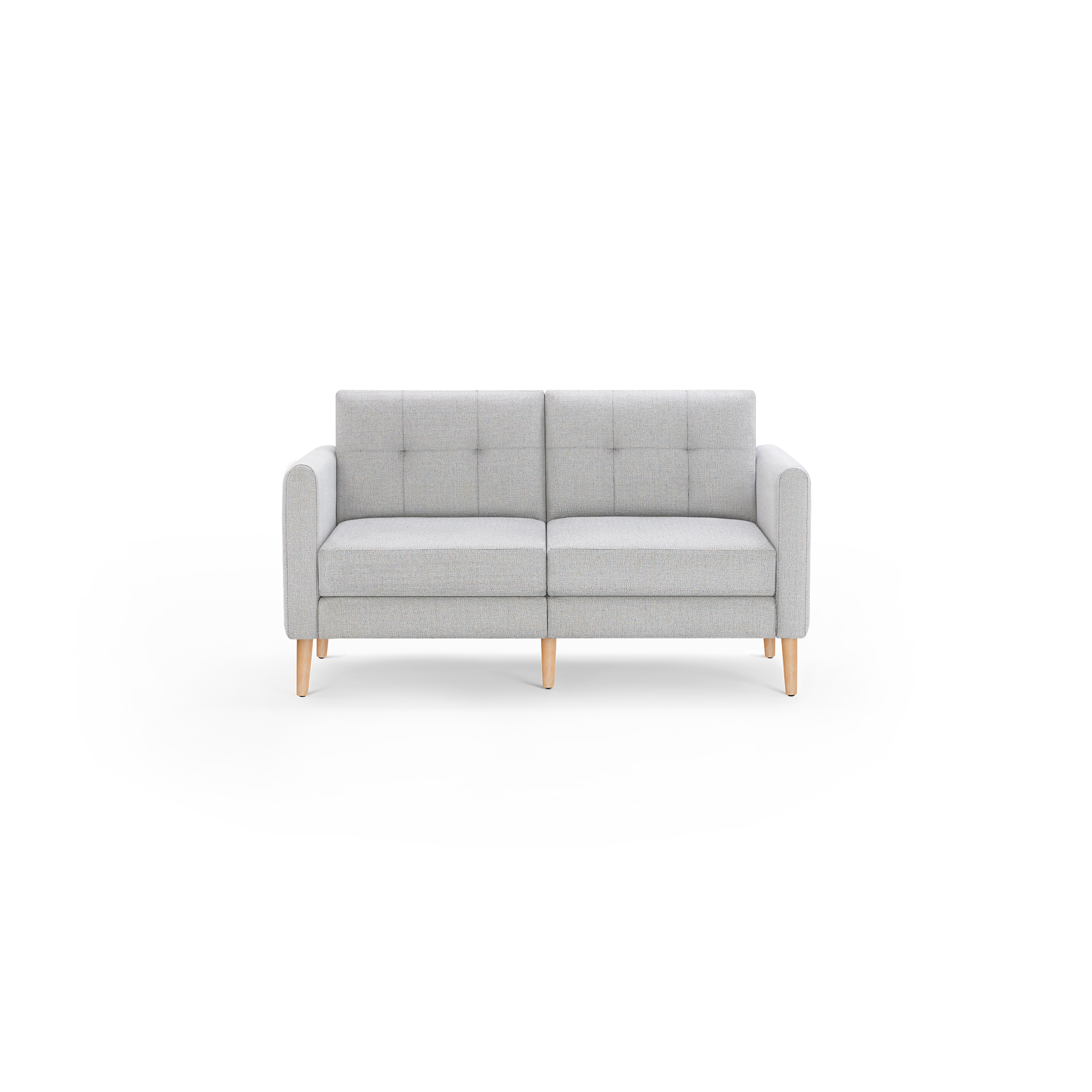 Light gray modern two-seater sofa with tufted backrest cushions, slim armrests, and wooden legs on black background.