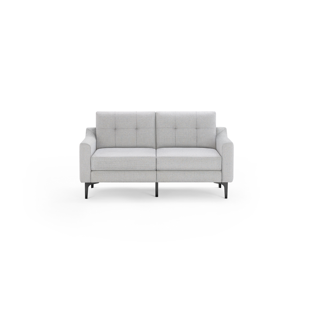 Light gray modern two-seater sofa with tufted back cushions, straight arms, and black angled legs on black background.