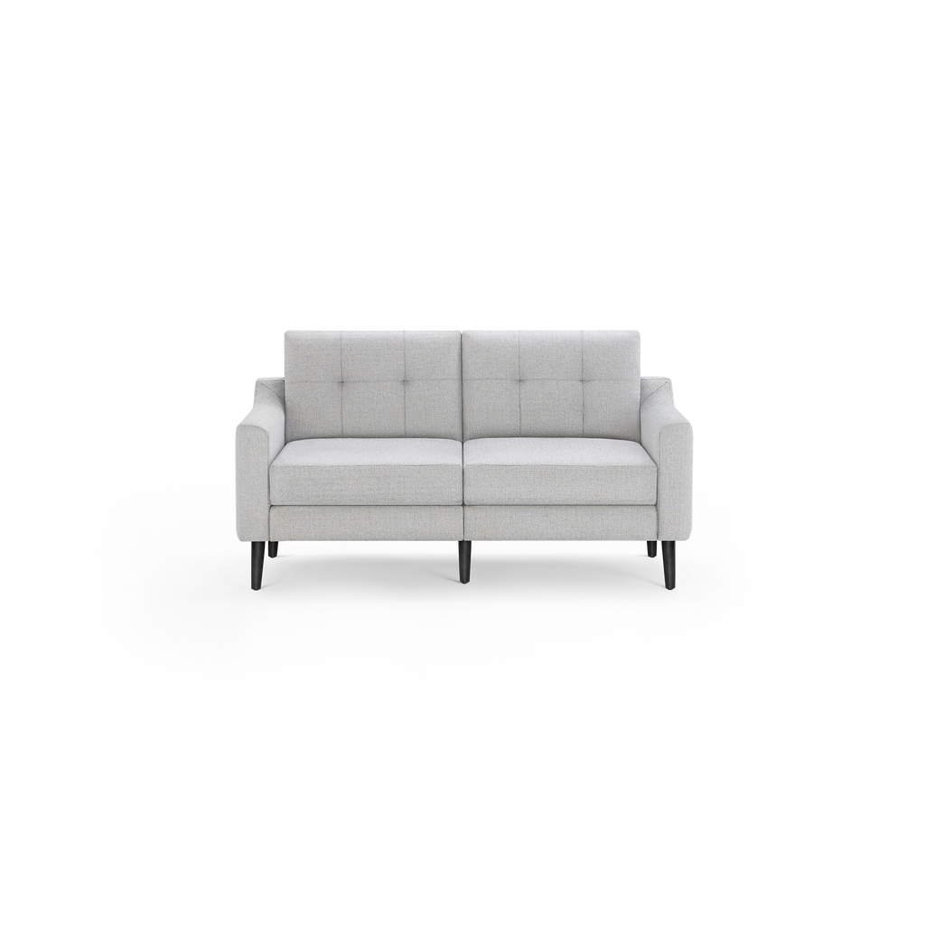 Modern light gray fabric loveseat sofa with tufted back cushions, straight armrests, and black wooden legs on black background.