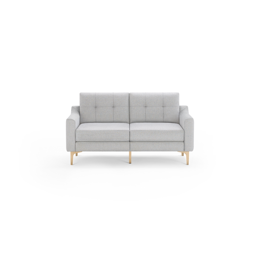 Modern light gray fabric loveseat with tufted back cushions, slim square arms, and wooden legs with a natural finish.