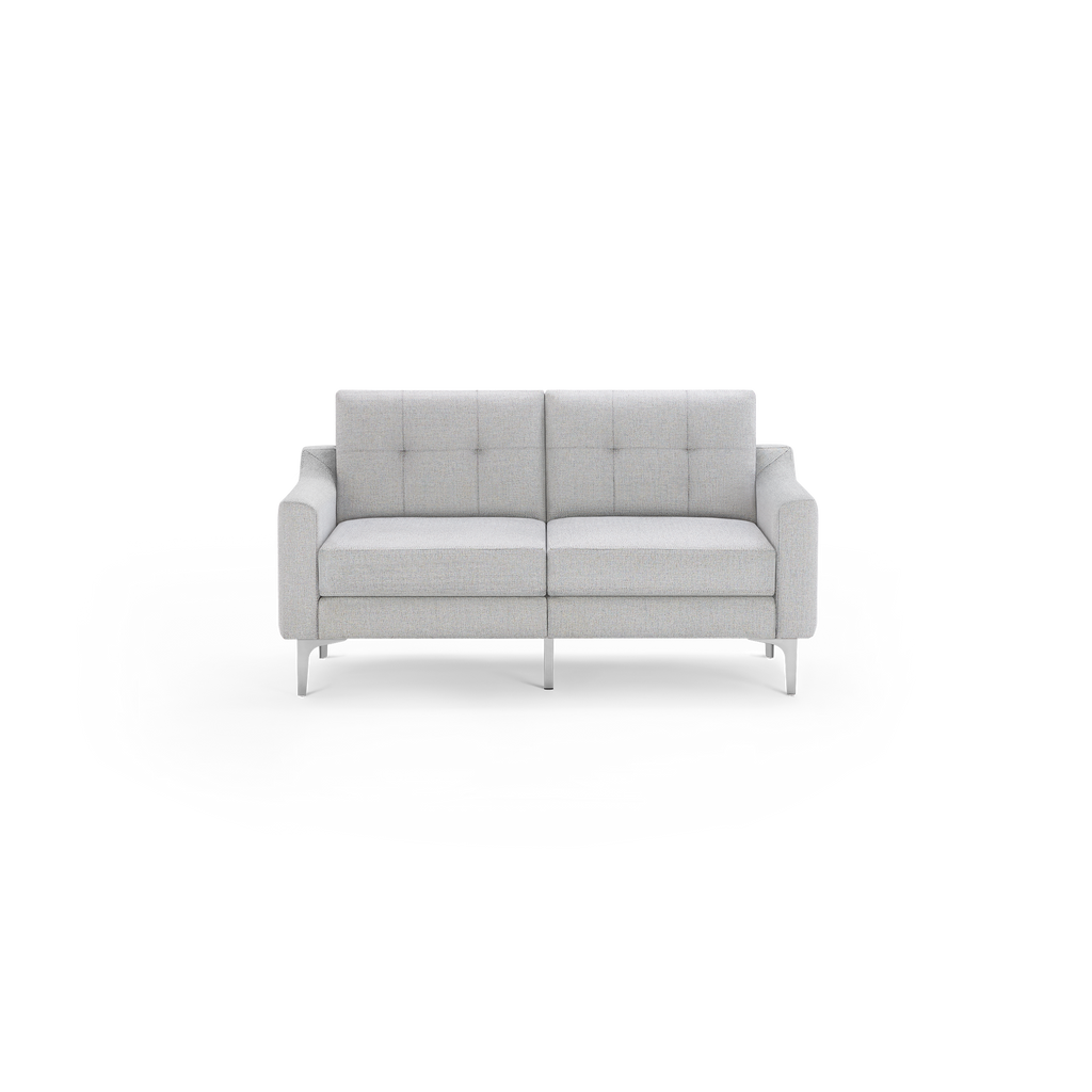 Light gray two-seater modern sofa with tufted backrest, straight arms, and metal legs, minimalist design.