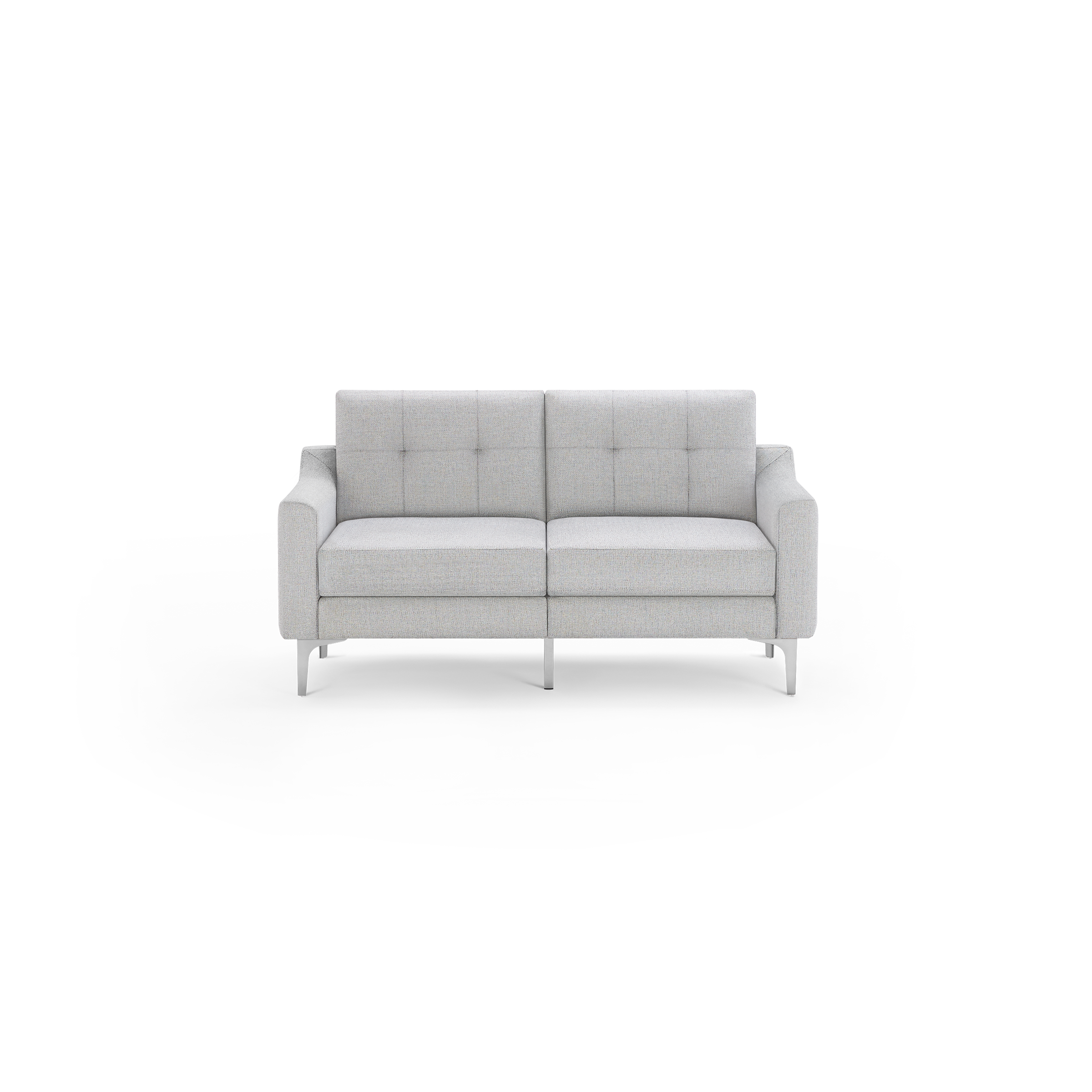 Light gray two-seater modern sofa with tufted backrest, straight arms, and metal legs, minimalist design.