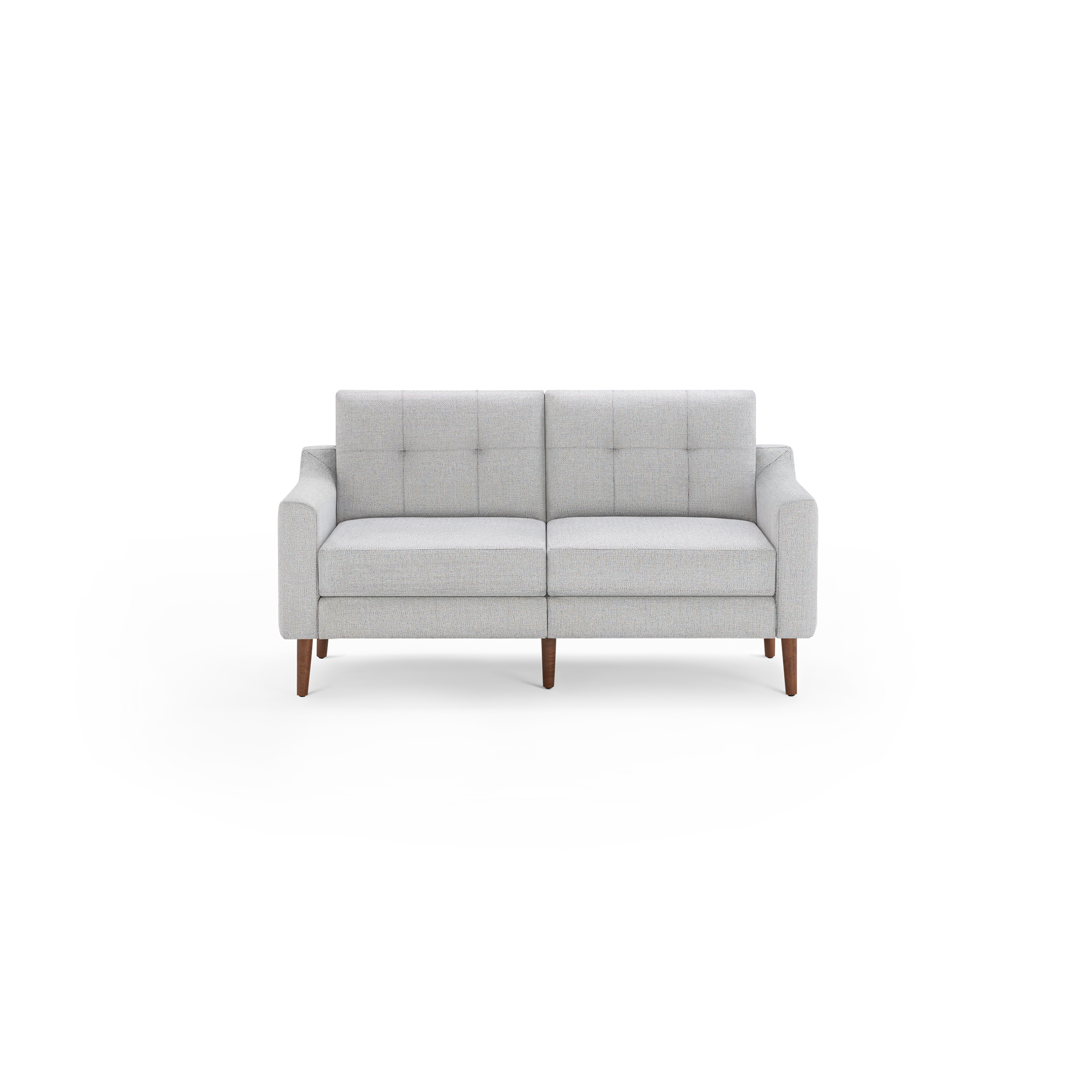 Light gray, modern two-seater sofa with tufted back cushions, straight armrests, and wooden tapered legs.