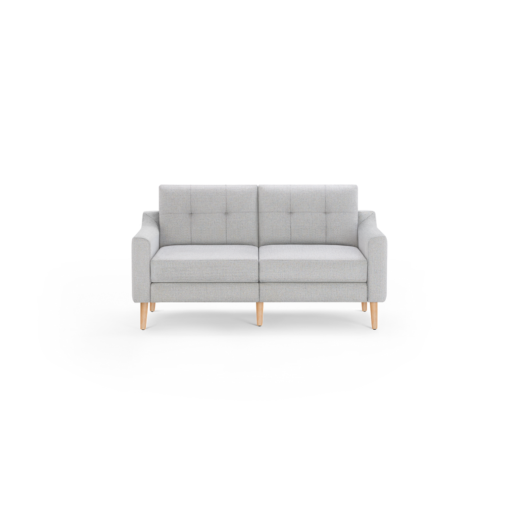 Light gray upholstered two-seater sofa with tufted back cushions and wooden legs, featuring clean lines and a modern design.