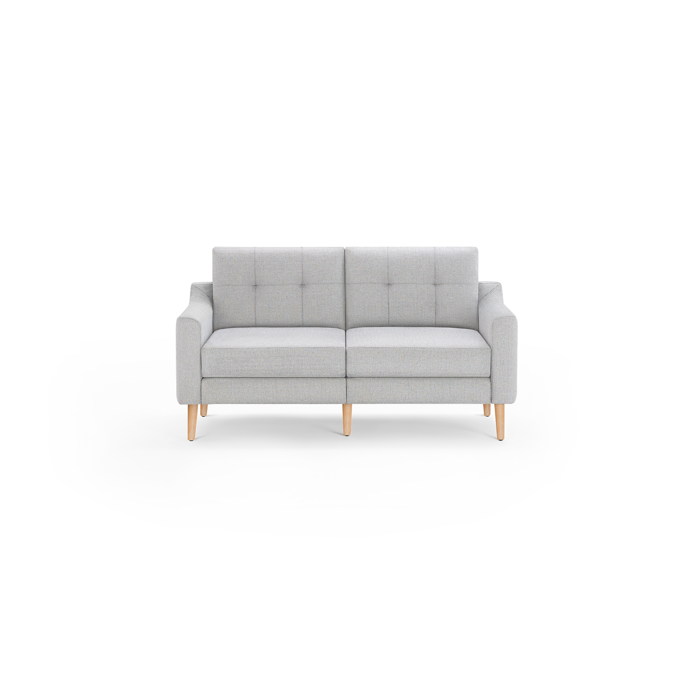 Light gray upholstered two-seater sofa with tufted back cushions and wooden legs, featuring clean lines and a modern design.