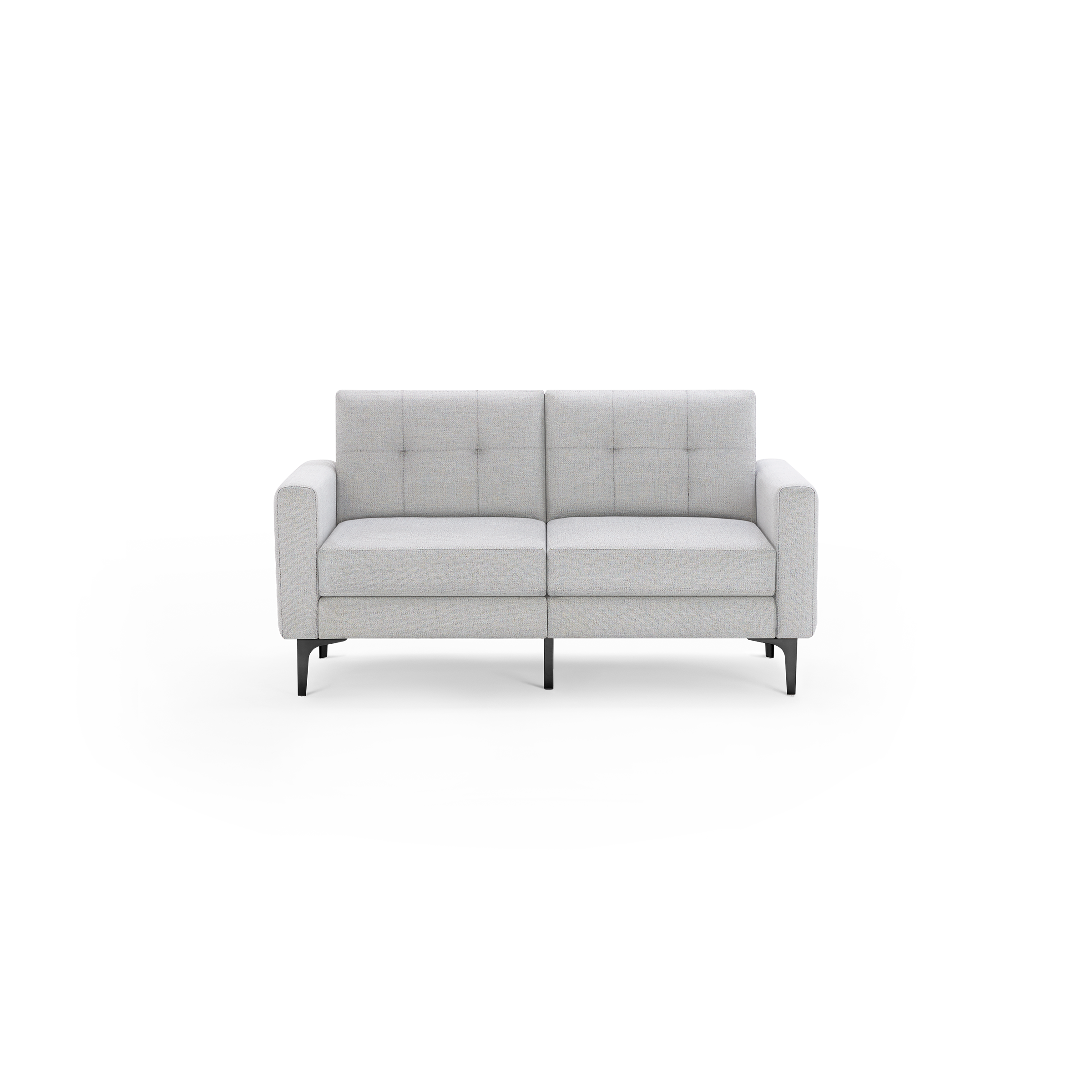 Light gray modern two-seater sofa with button-tufted back cushions, straight armrests, and black metal legs on a black background.