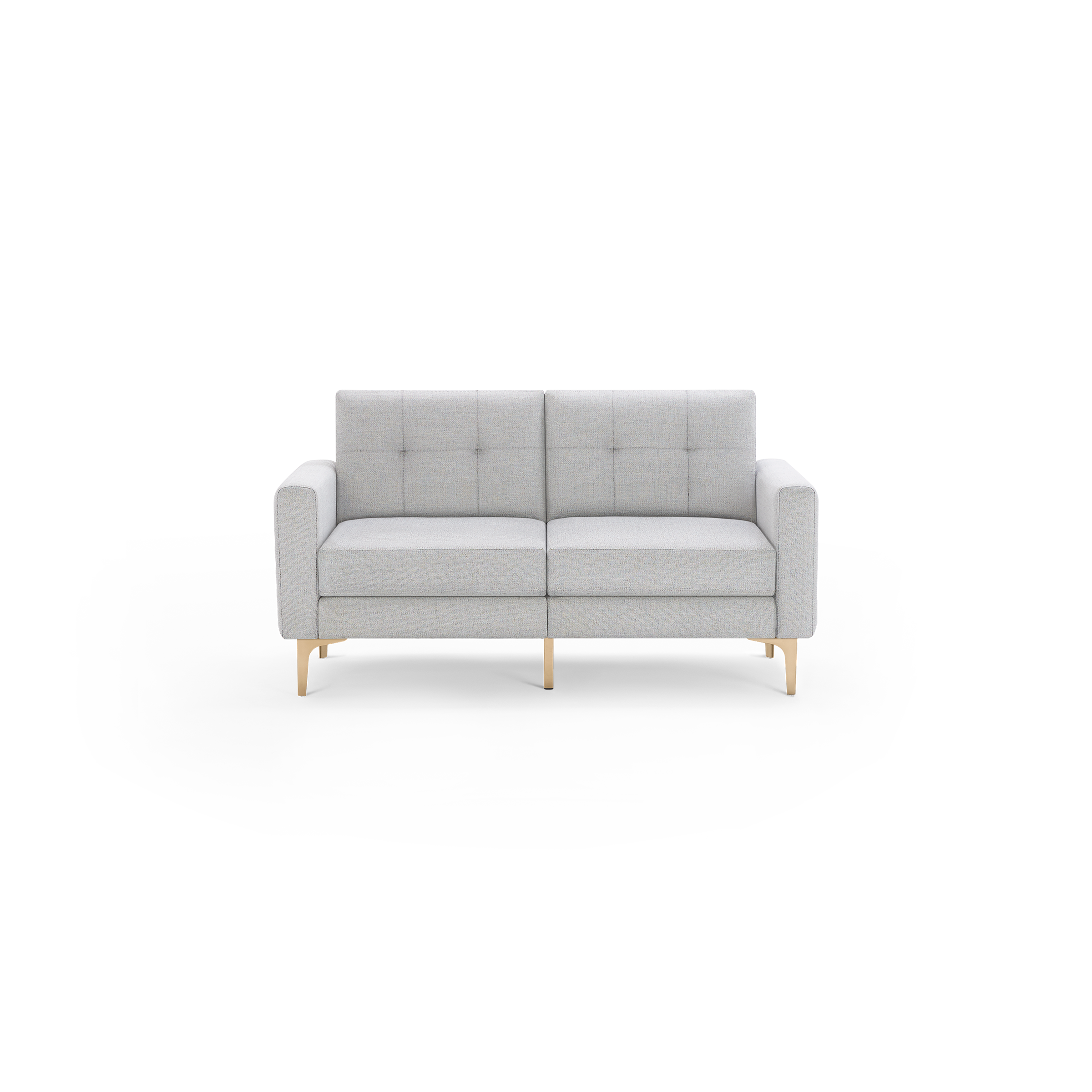 Light gray two-seater sofa with tufted back cushions, square arms, and beige wooden legs on a black background.