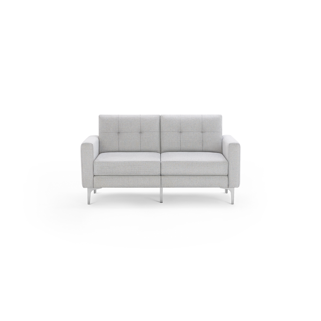 Modern light gray two-seater sofa with tufted backrest, cushioned seats, straight armrests, and sleek metal legs.