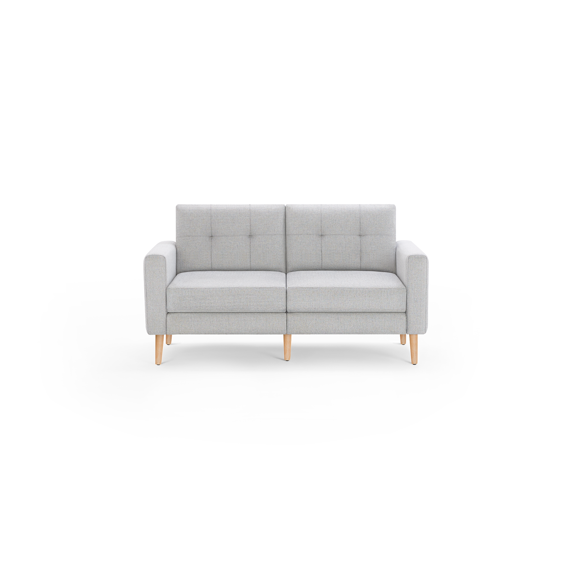 Light gray two-seater sofa with tufted back cushions, straight arms, and natural wooden legs in mid-century modern style.