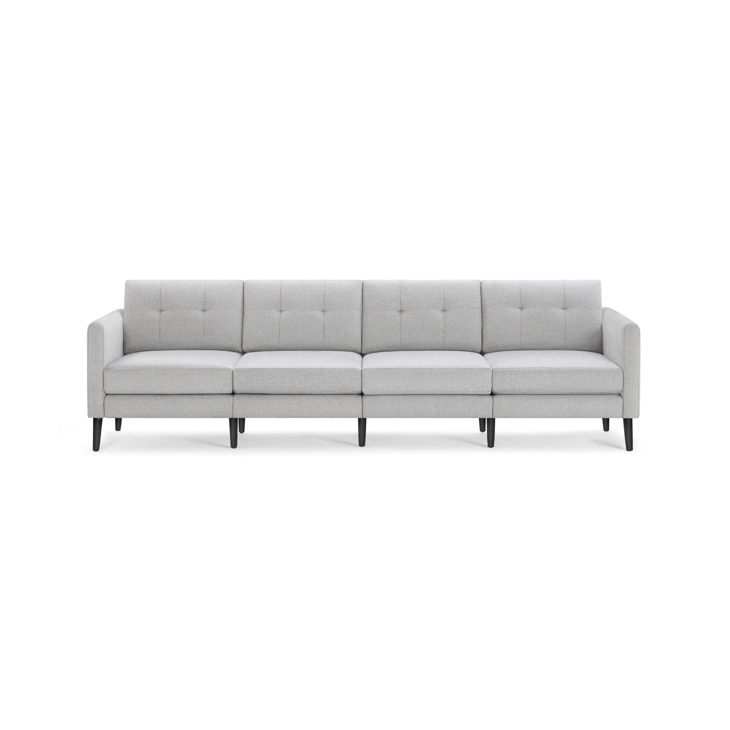Modern light gray four-seater sofa with tufted back cushions and black tapered wooden legs, showcasing a clean, minimalist design.