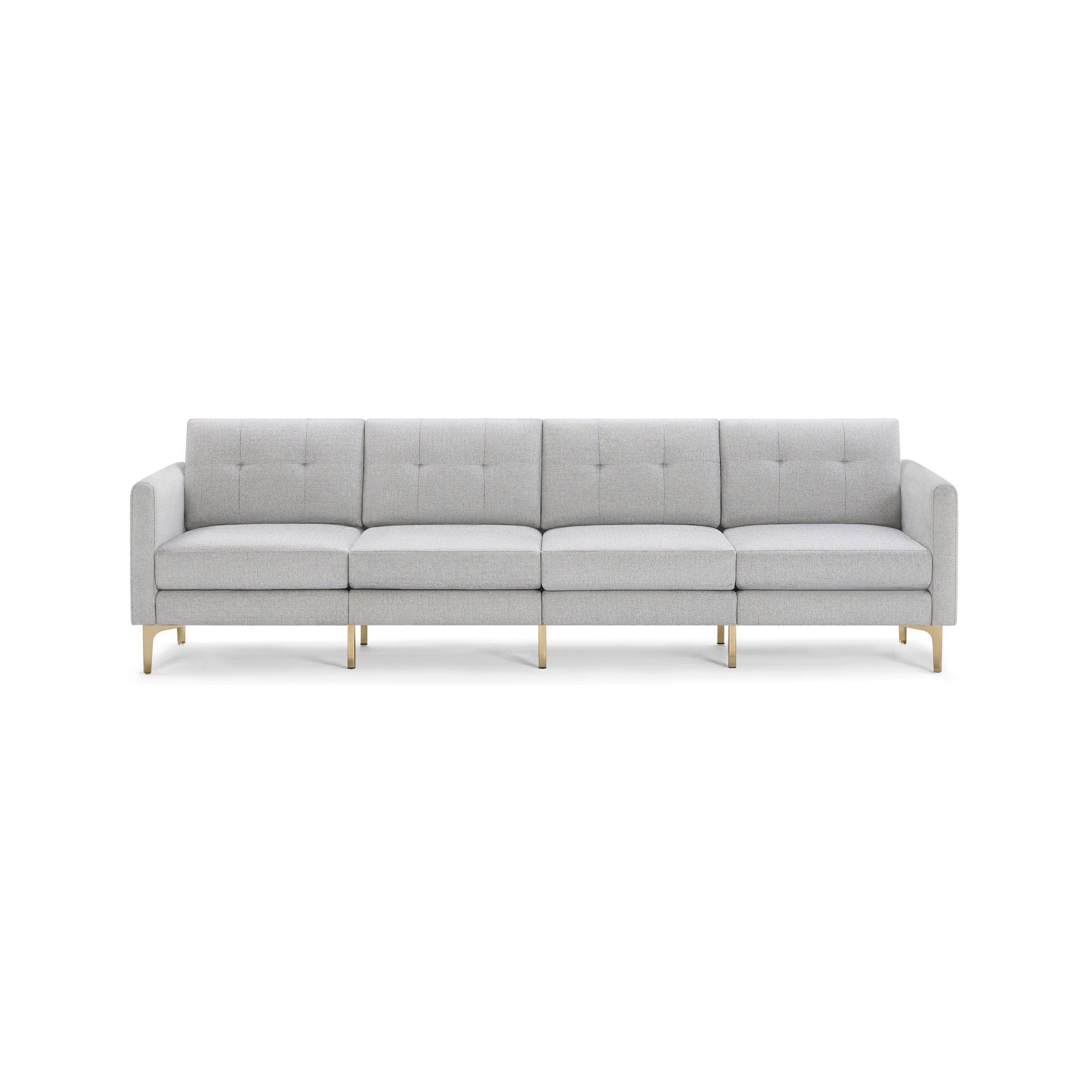 Light gray four-seater modern sofa with tufted back cushions, clean lines, rectangular arms, and gold metal legs.