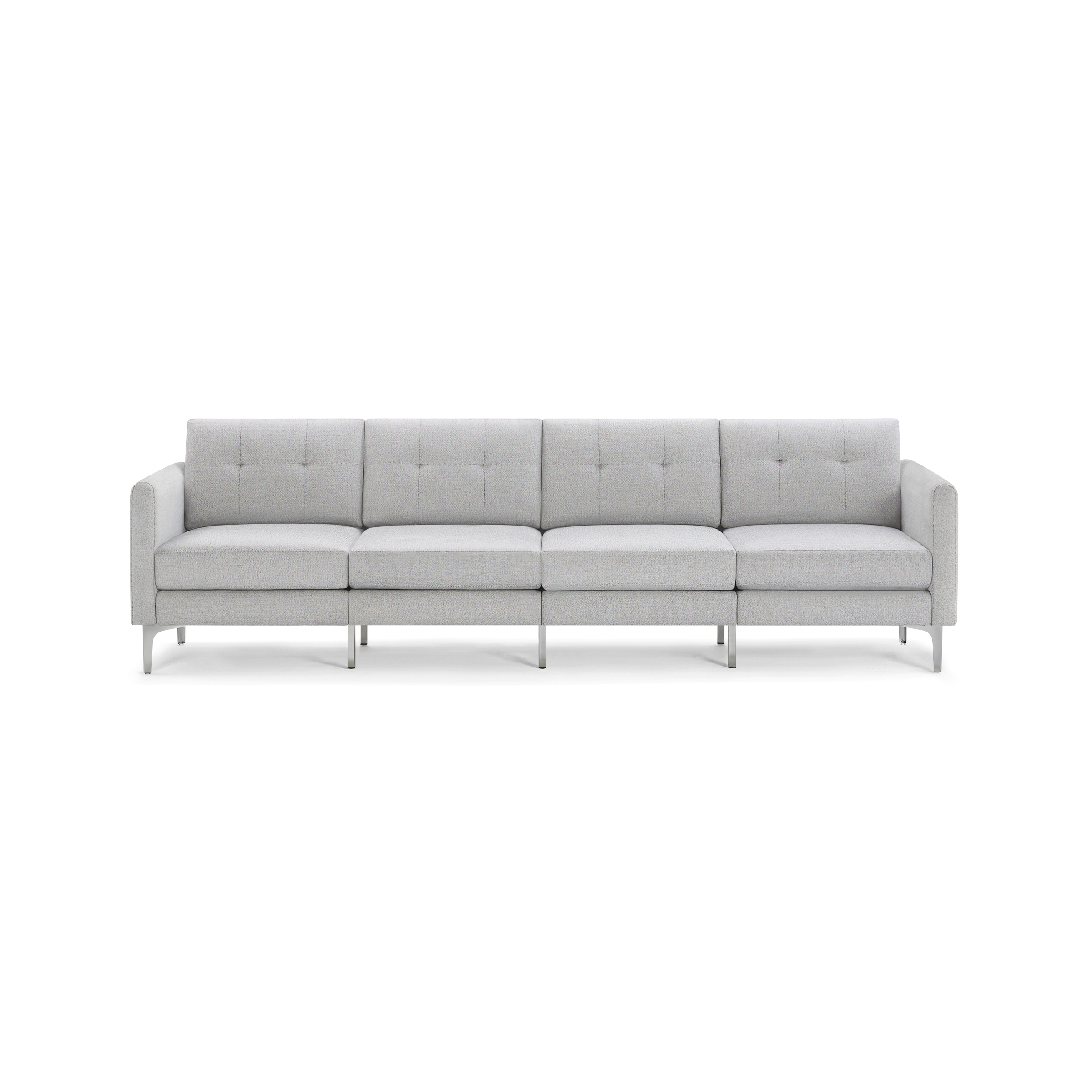 Modern light gray fabric sofa with four seat cushions, tufted backrest, slim armrests, and metal legs, designed for spacious seating.