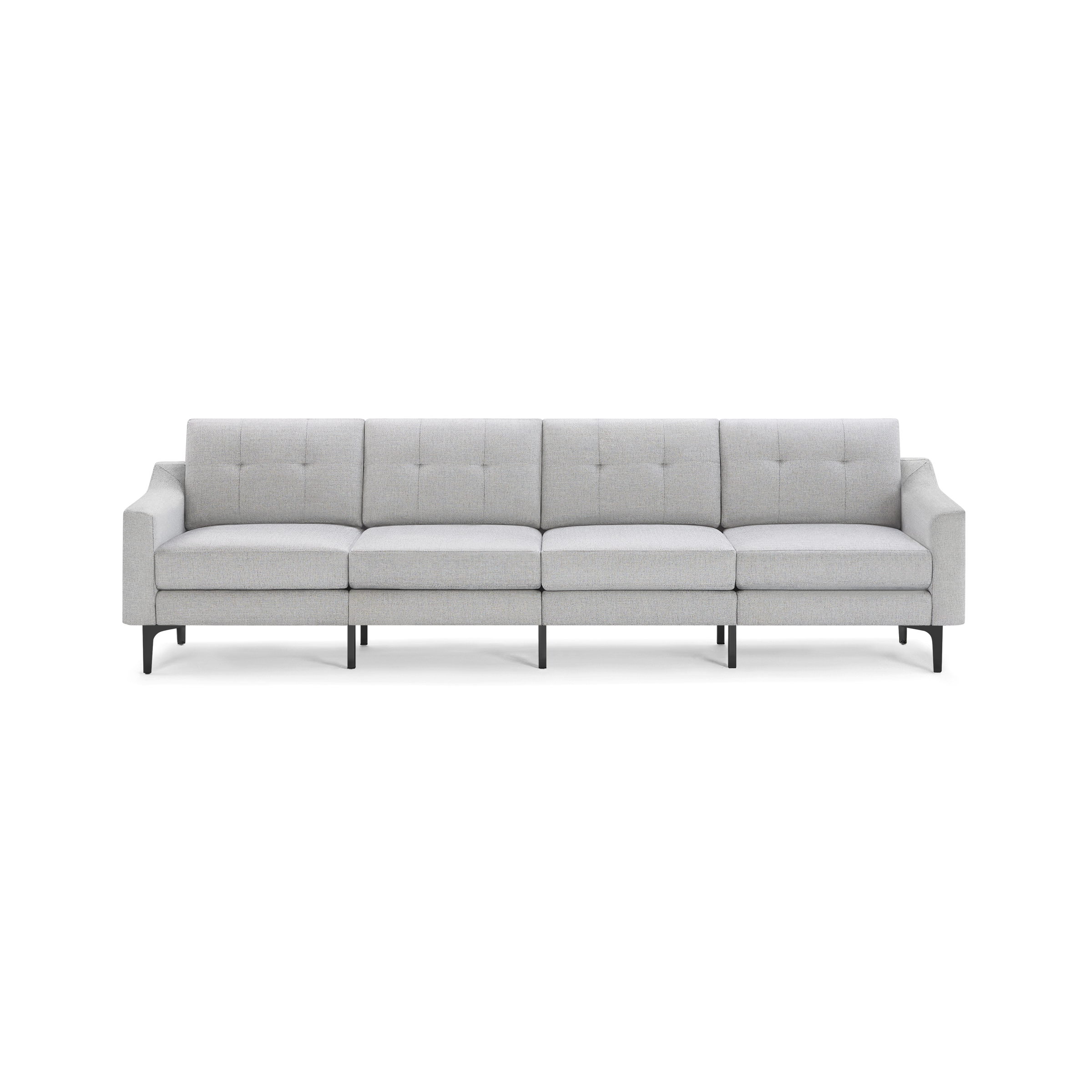 Light gray four-seat modern sofa with tufted back cushions, straight arms, and black metal legs on a black background.