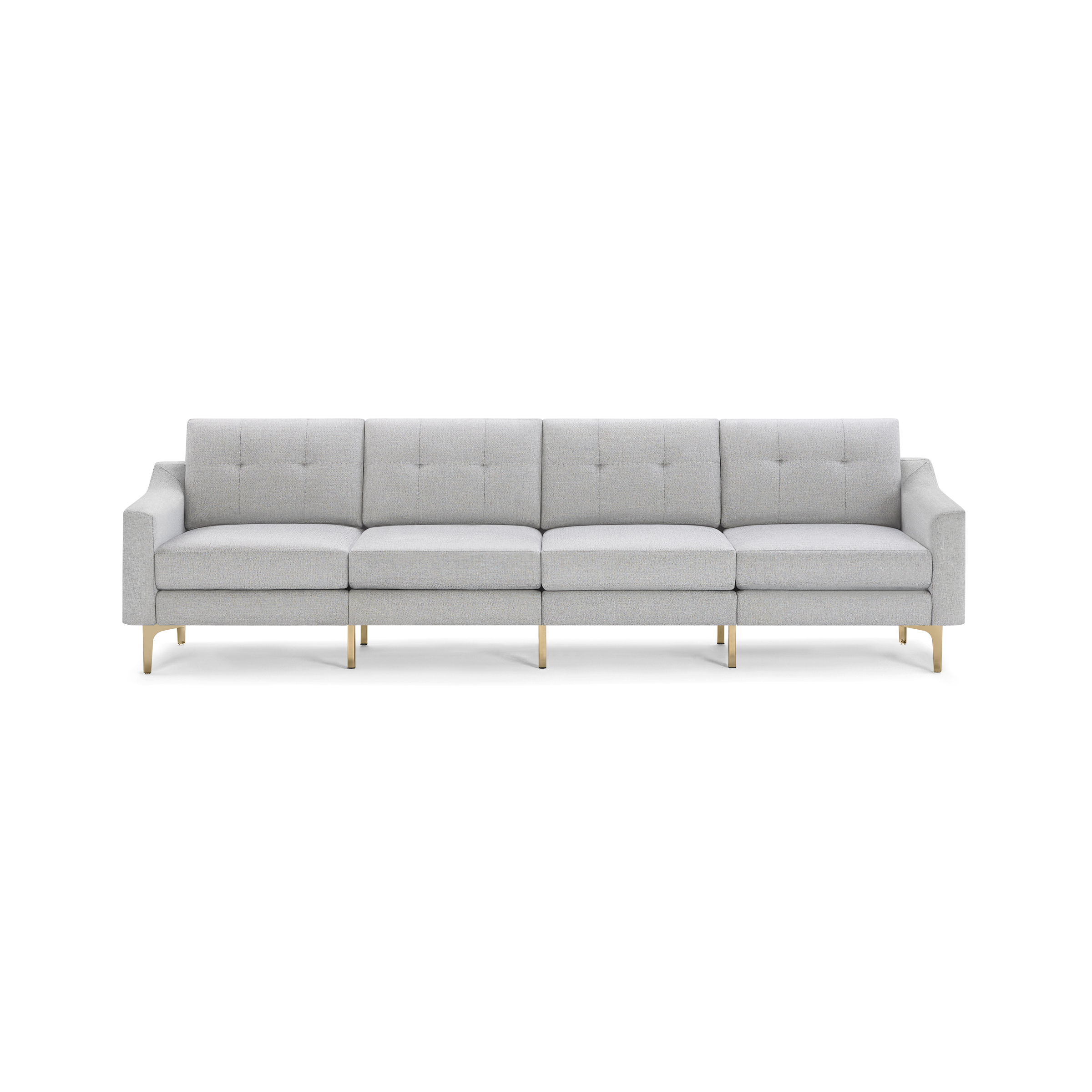 Light gray four-seater modern sofa with tufted back cushions, slim rectangular armrests, and sleek gold metal legs on a black background.