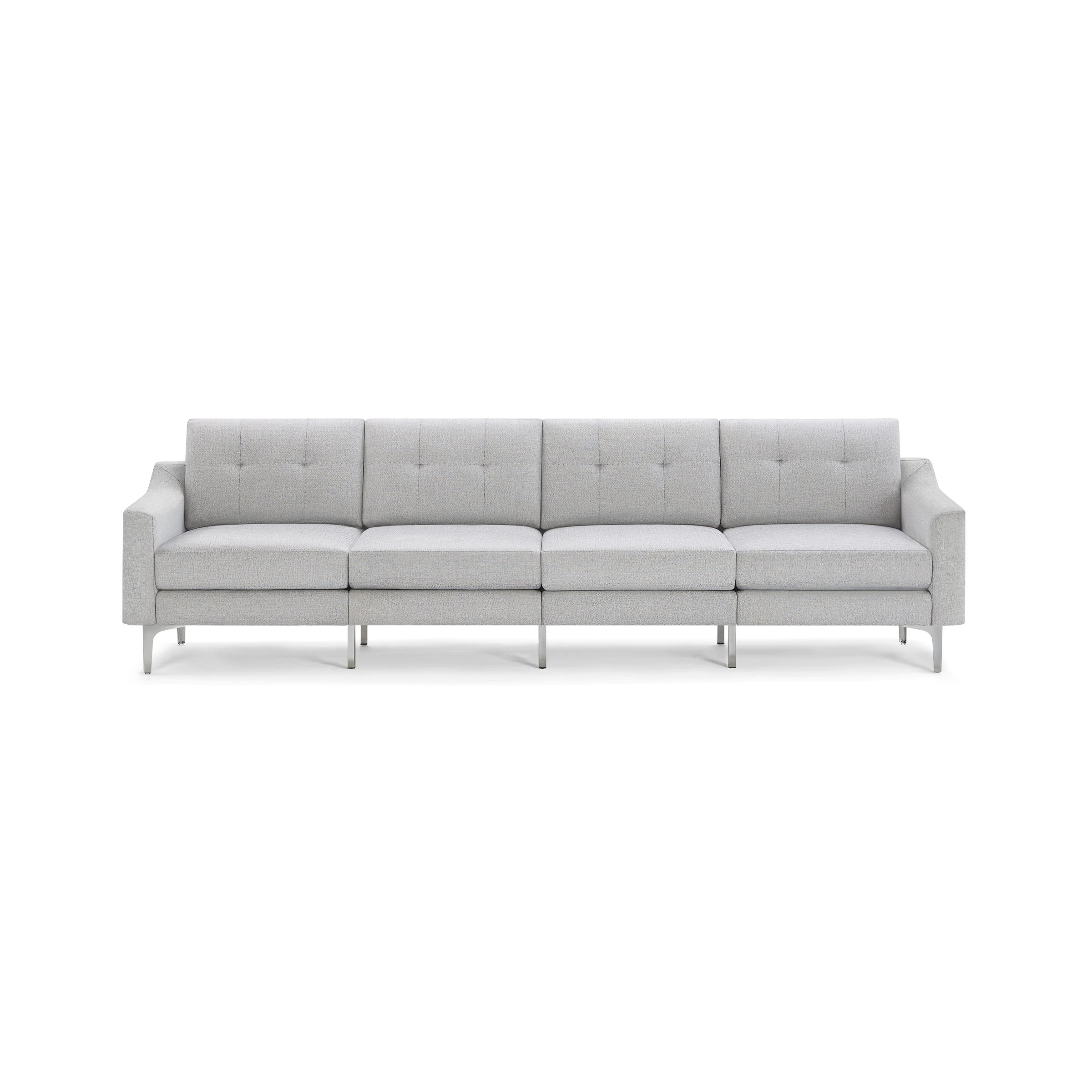Modern light gray fabric sofa with tufted back cushions, metal legs, and straight armrests, seating four people.