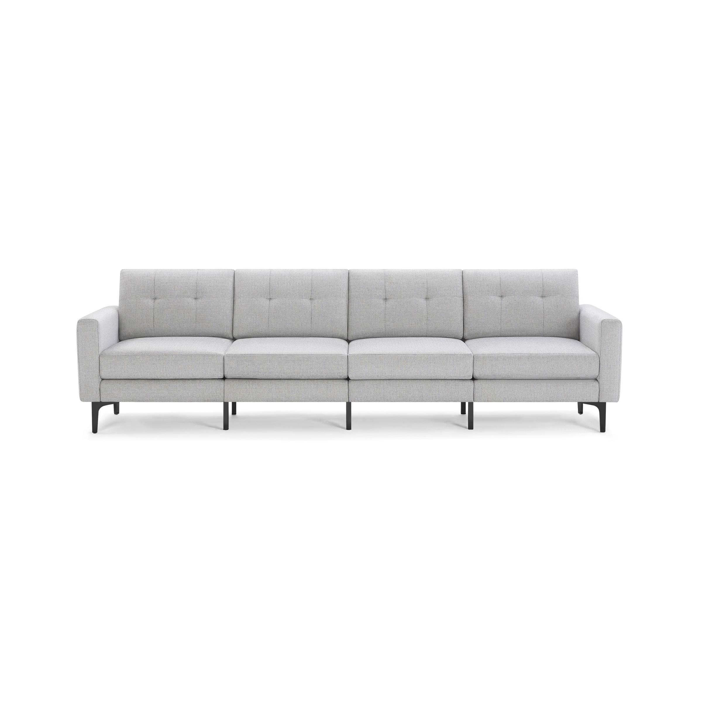 Light gray modern four-seat sofa with tufted backrests, straight armrests, and black metal legs.