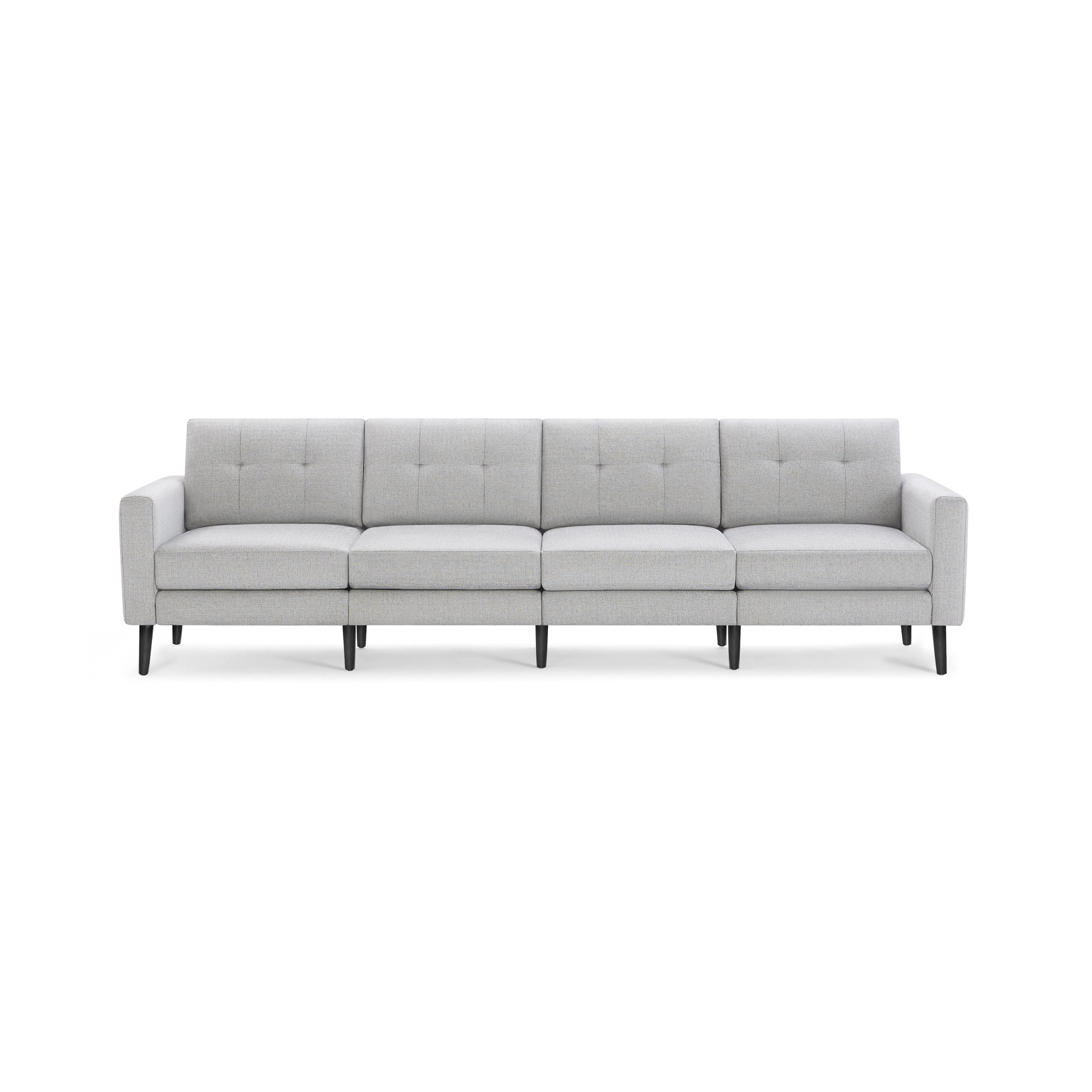 Light gray, modern four-seater sofa with tufted back cushions, straight armrests, and black wooden legs.