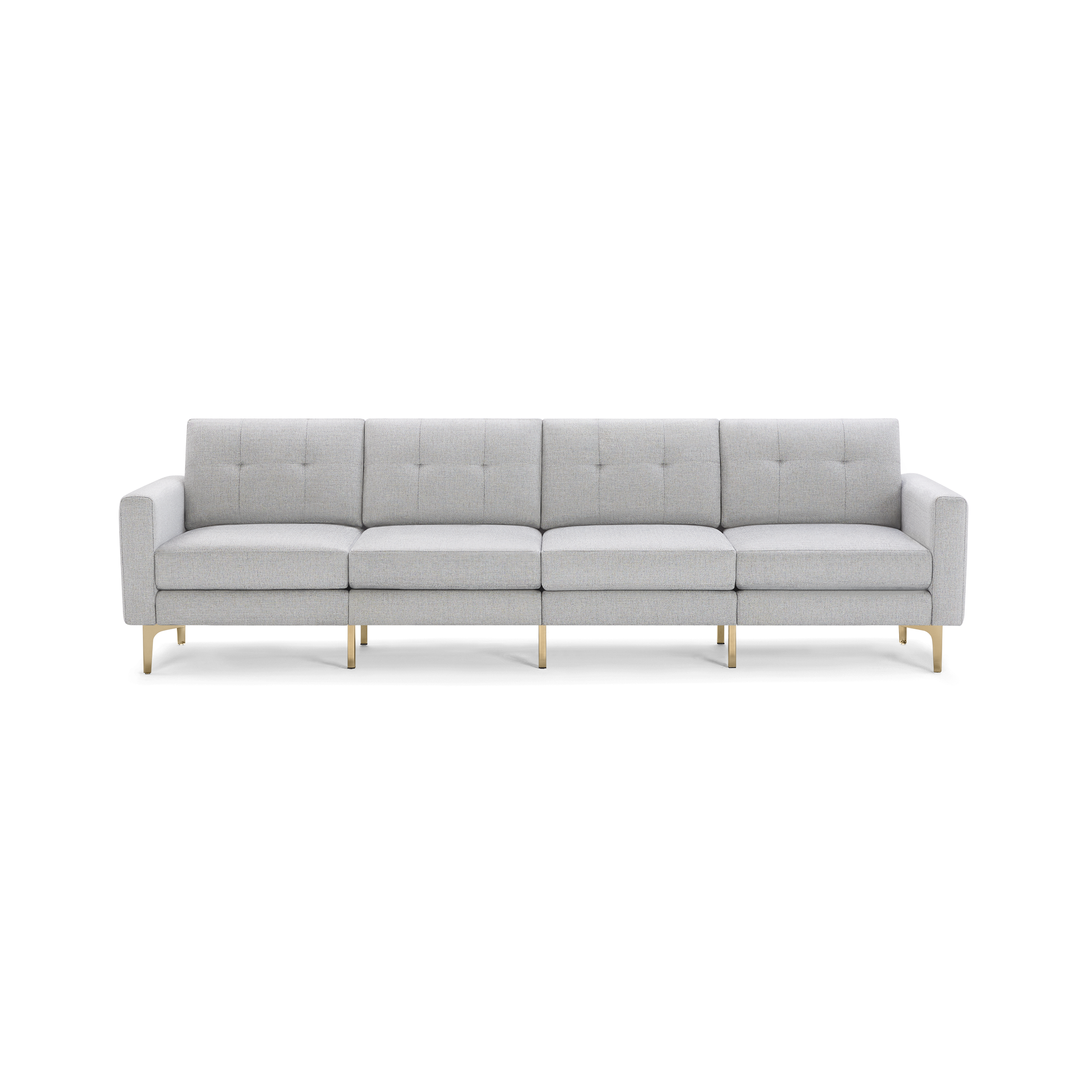 Light gray modern sectional sofa with tufted back cushions and gold metal legs, seating four people comfortably.