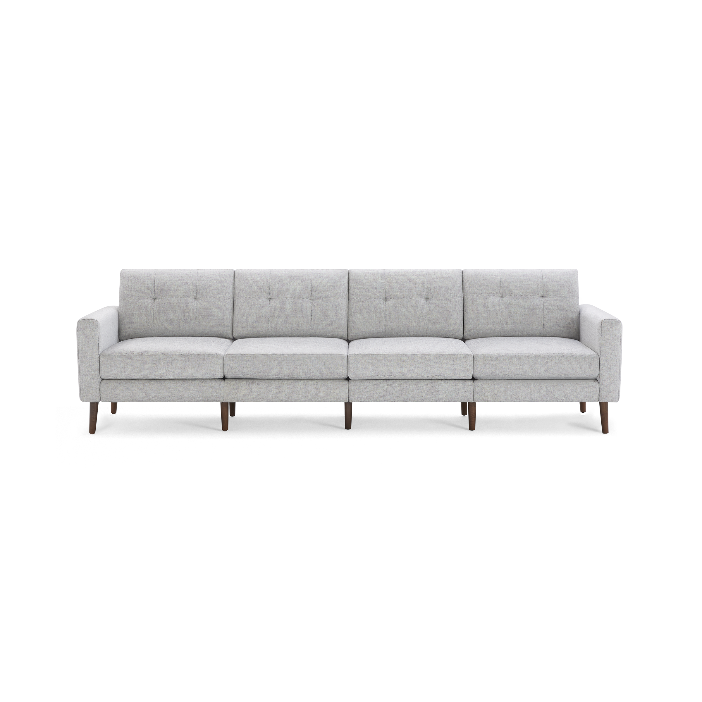 Modern light gray fabric sectional sofa with button-tufted back cushions and wooden legs, seating four people.