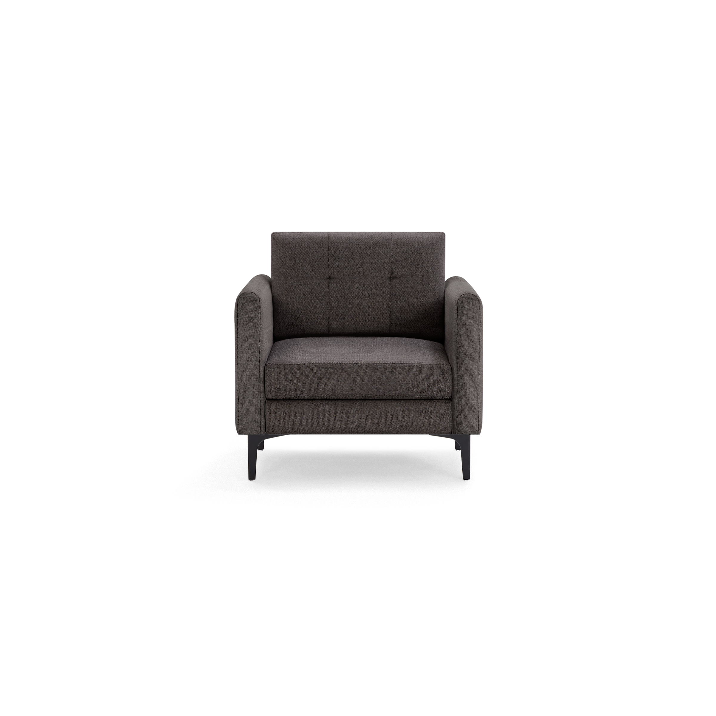 Dark gray upholstered armchair with tufted backrest, cushioned seat, rounded arms, and black tapered legs, shown on black background.