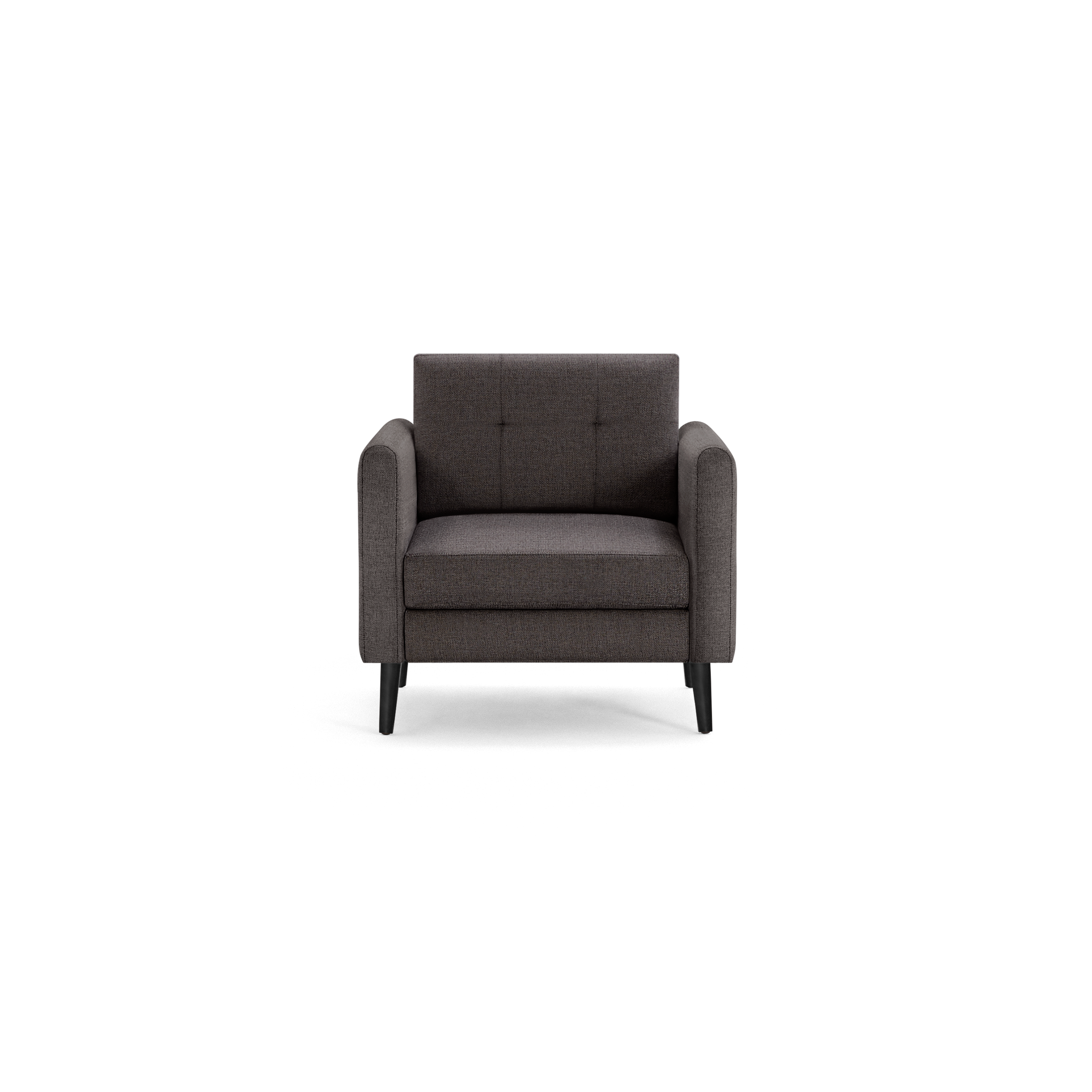 Dark gray upholstered armchair with tufted backrest, thick seat cushion, rounded armrests, and black tapered wooden legs.