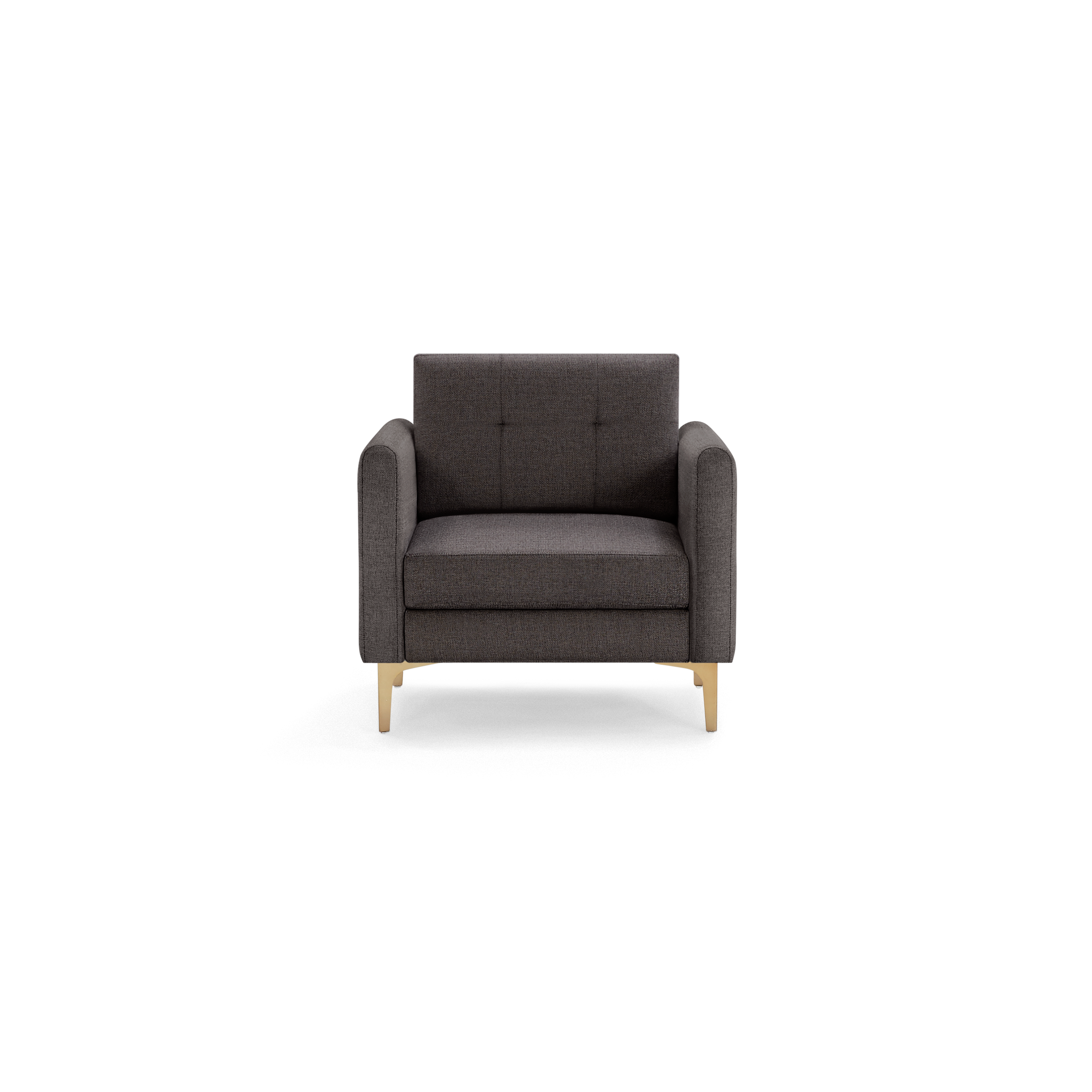 Dark gray modern armchair with tufted backrest, cushioned seat, and light wooden legs, shown on a black background.