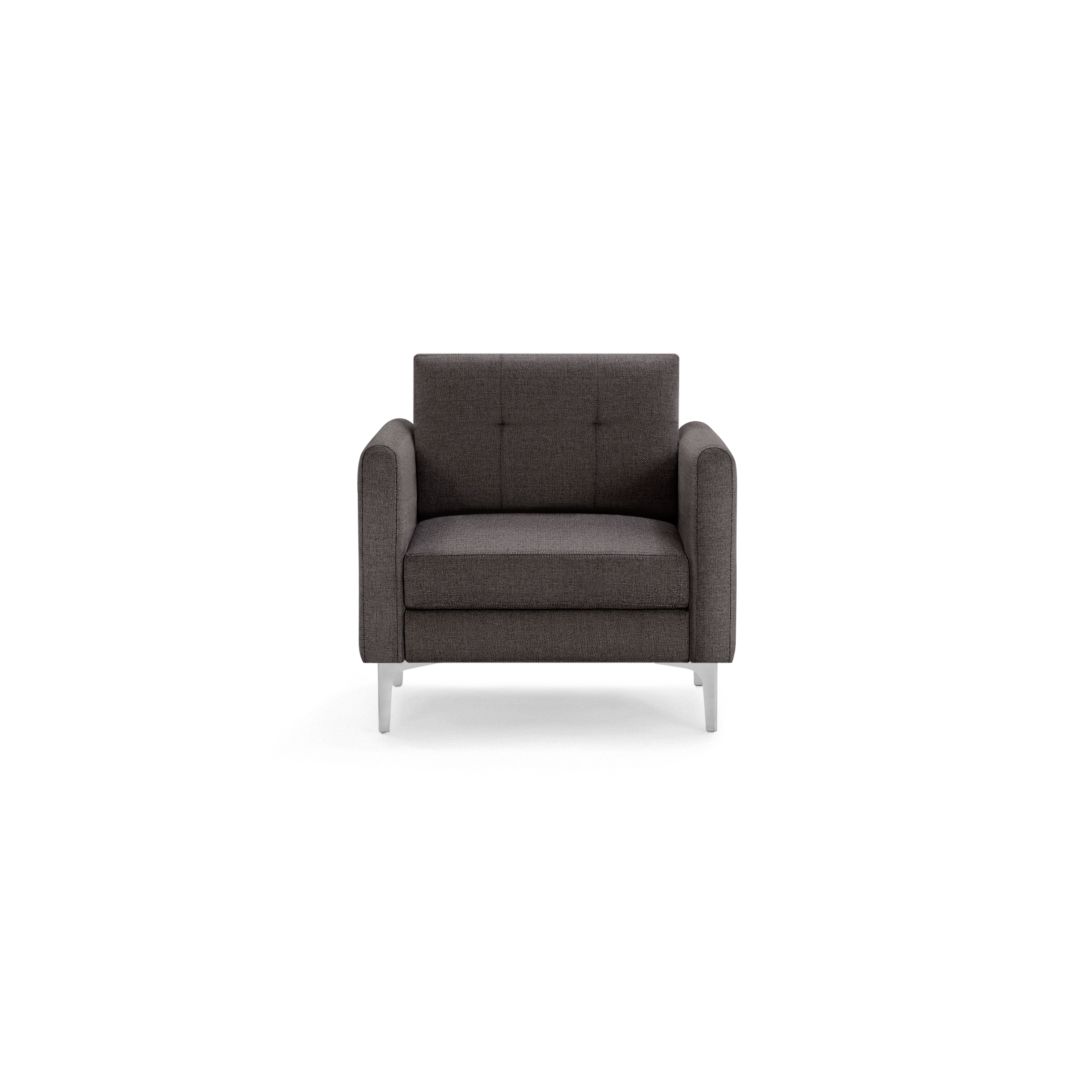 Front view of a modern dark gray armchair with tufted backrest and sleek metal legs against a black background.