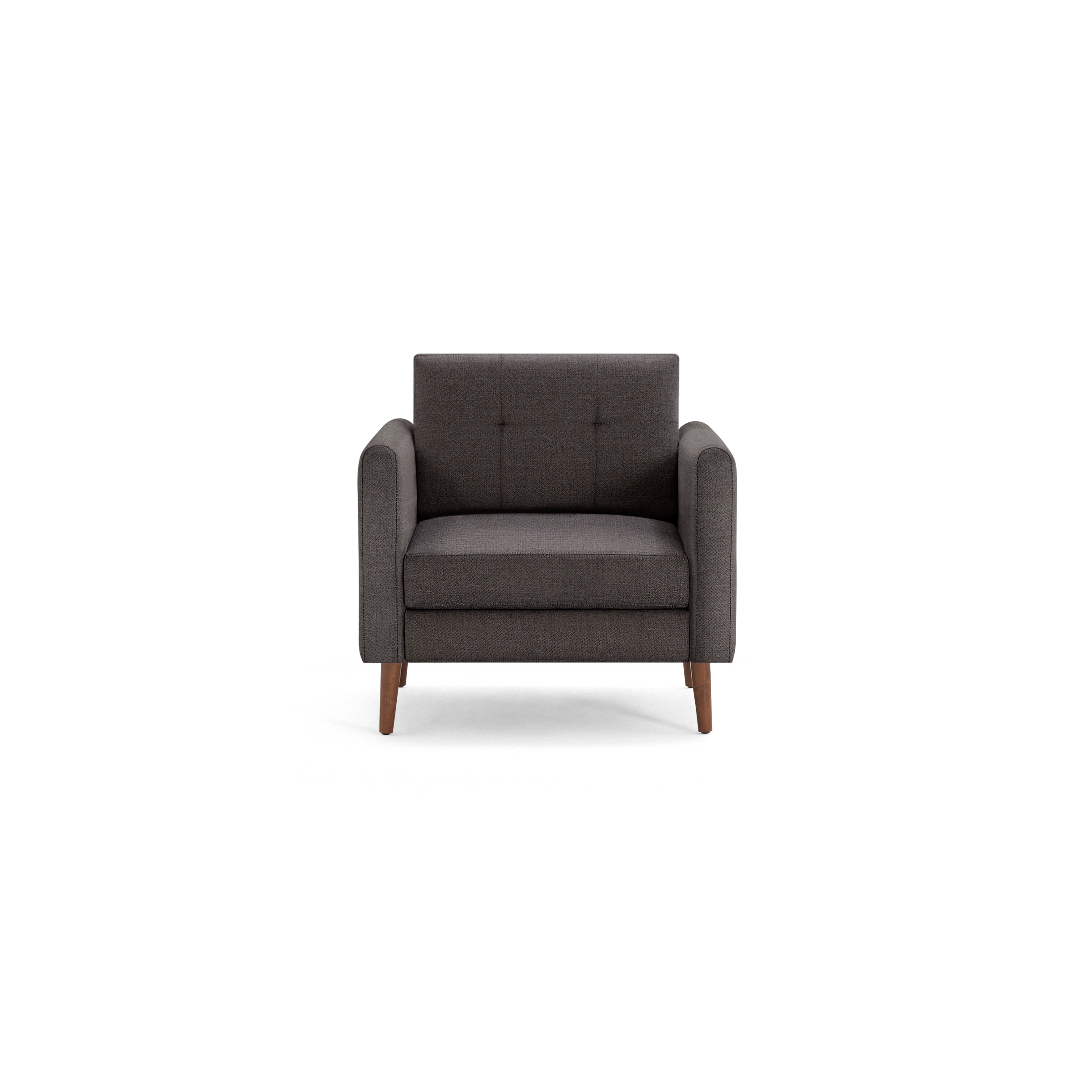 Dark gray upholstered armchair with button-tufted backrest, wide armrests, and wooden tapered legs, modern design.