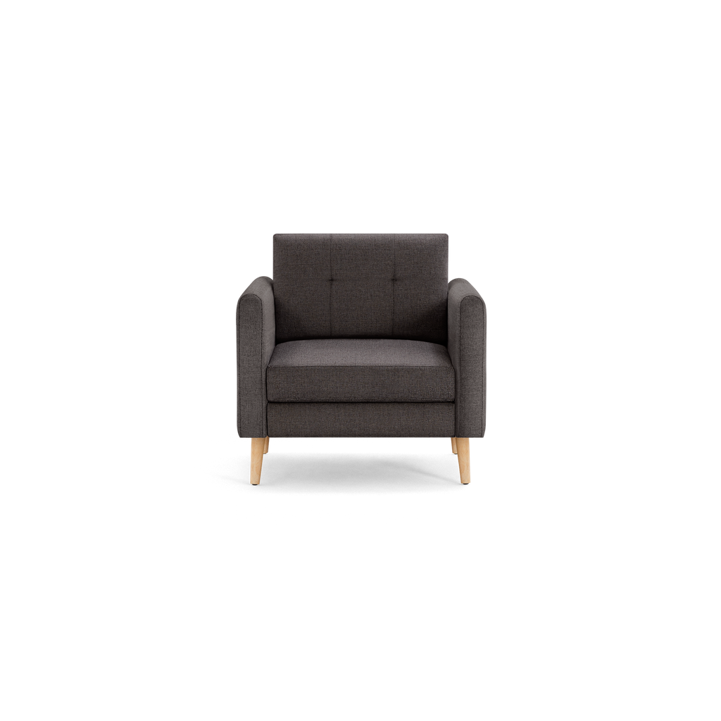 Front view of a modern dark gray upholstered armchair with wooden legs and square tufted backrest.