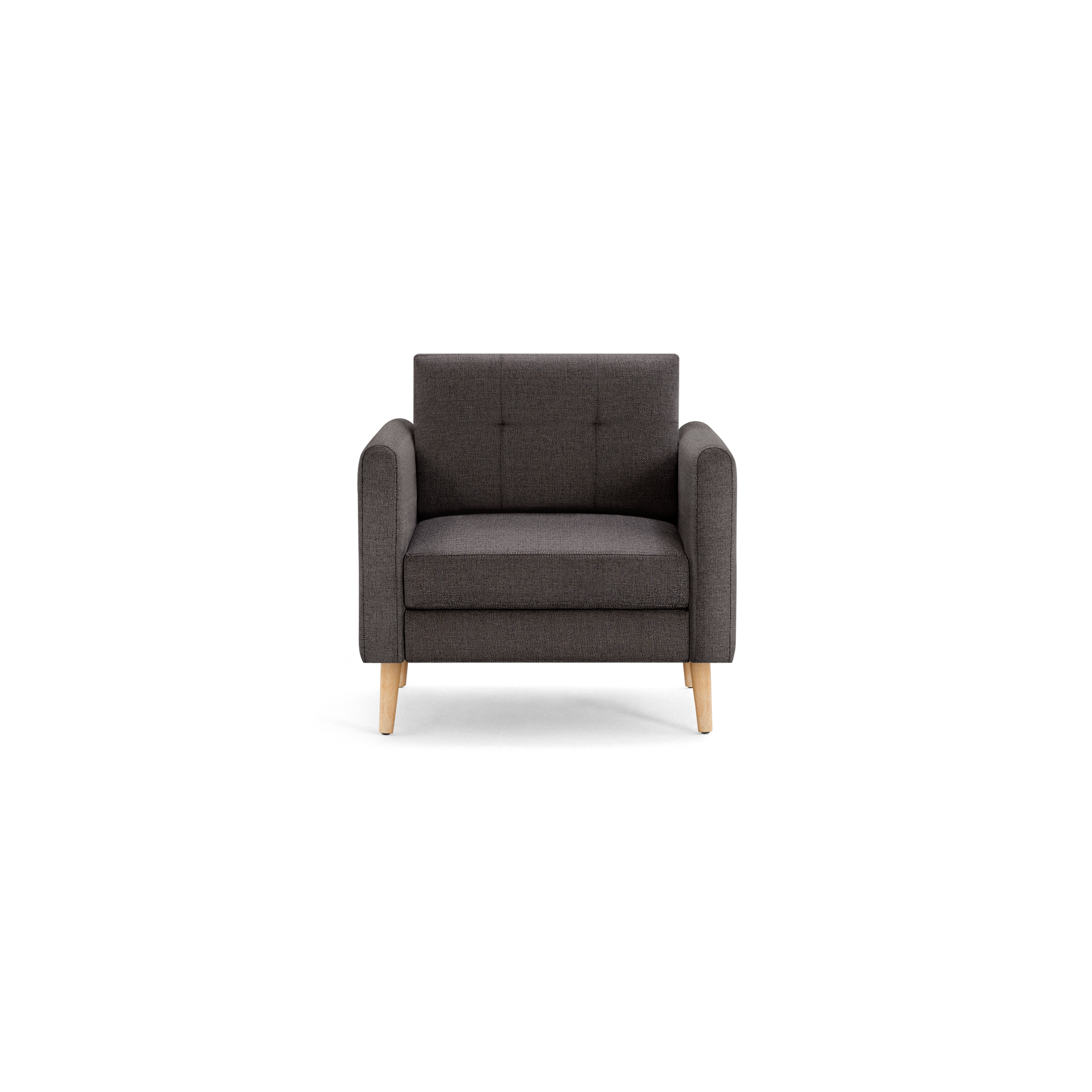 Front view of a modern dark gray upholstered armchair with wooden legs and square tufted backrest.