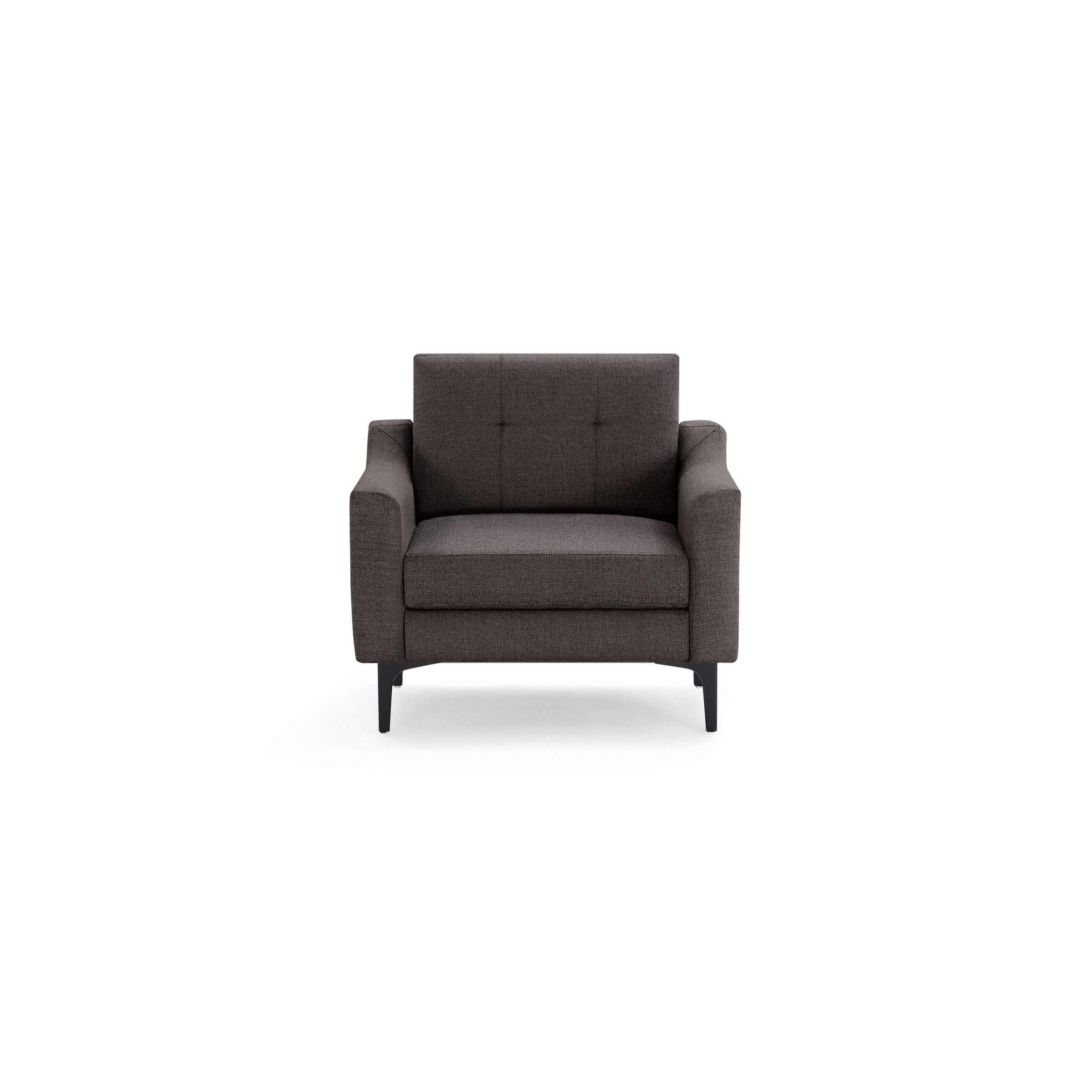 Modern dark gray upholstered armchair with tufted backrest, cushioned seat, and sleek black legs, front view.