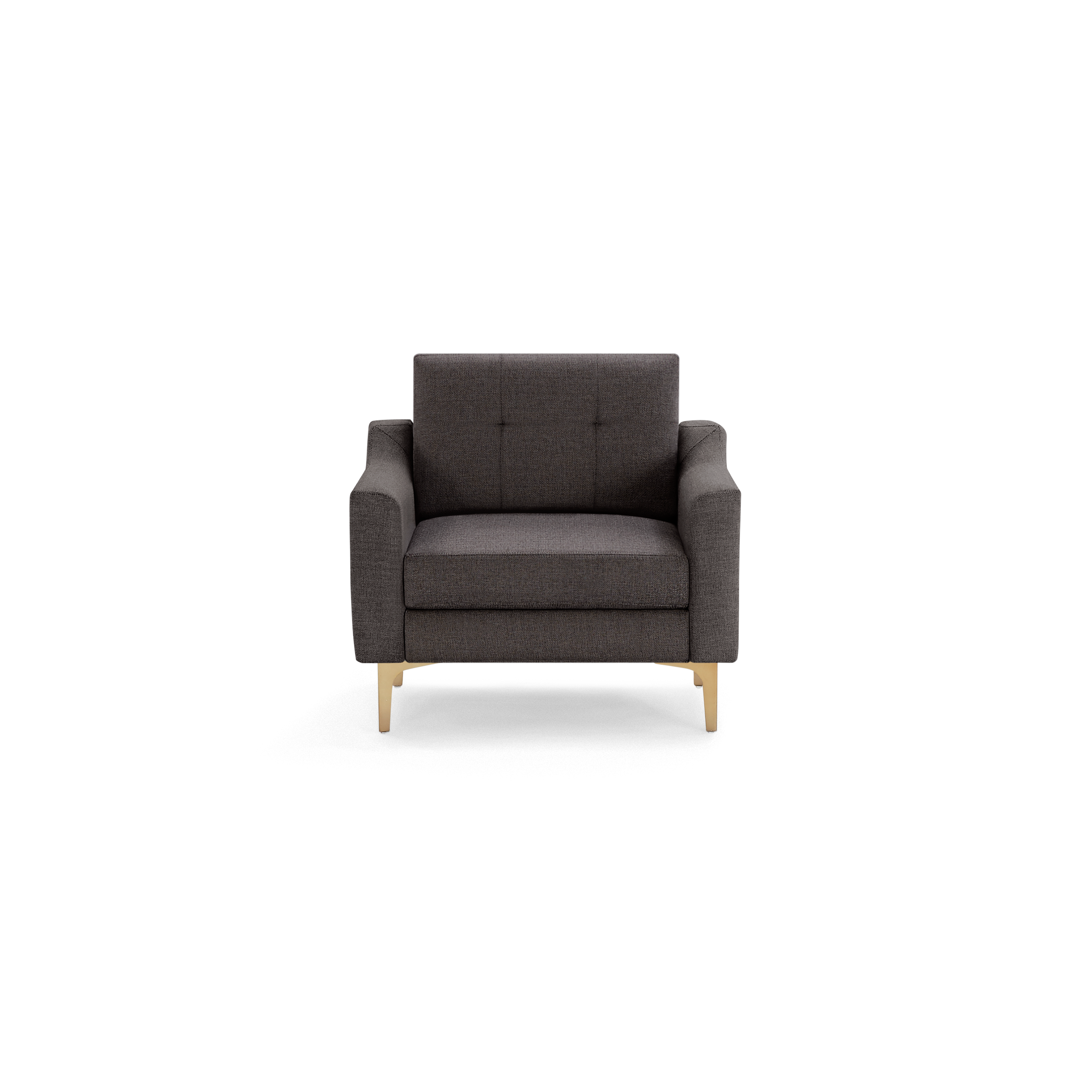 Dark gray upholstered armchair with square tufted backrest, cushioned seat, slim armrests, and light wooden legs.