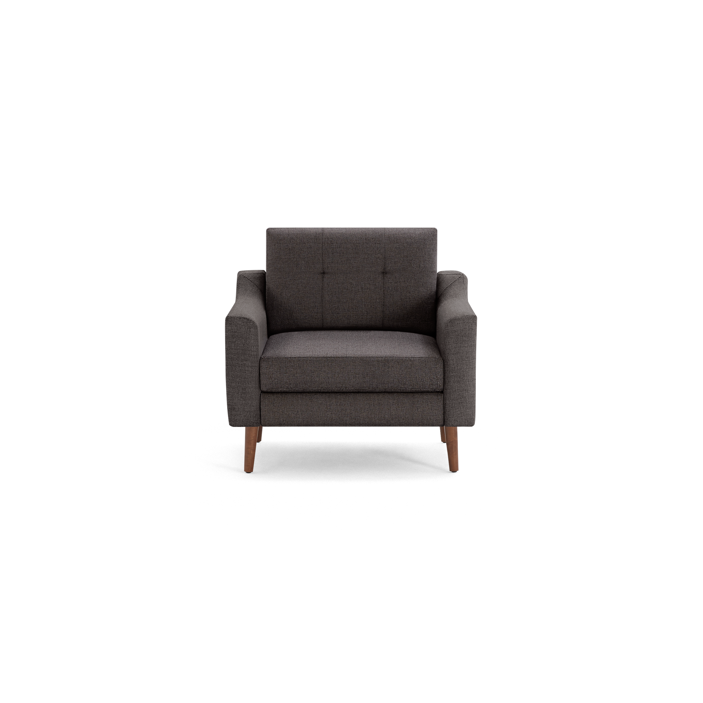 Dark gray upholstered armchair with tufted backrest, straight armrests, and wooden legs, shown from the front on a black background.