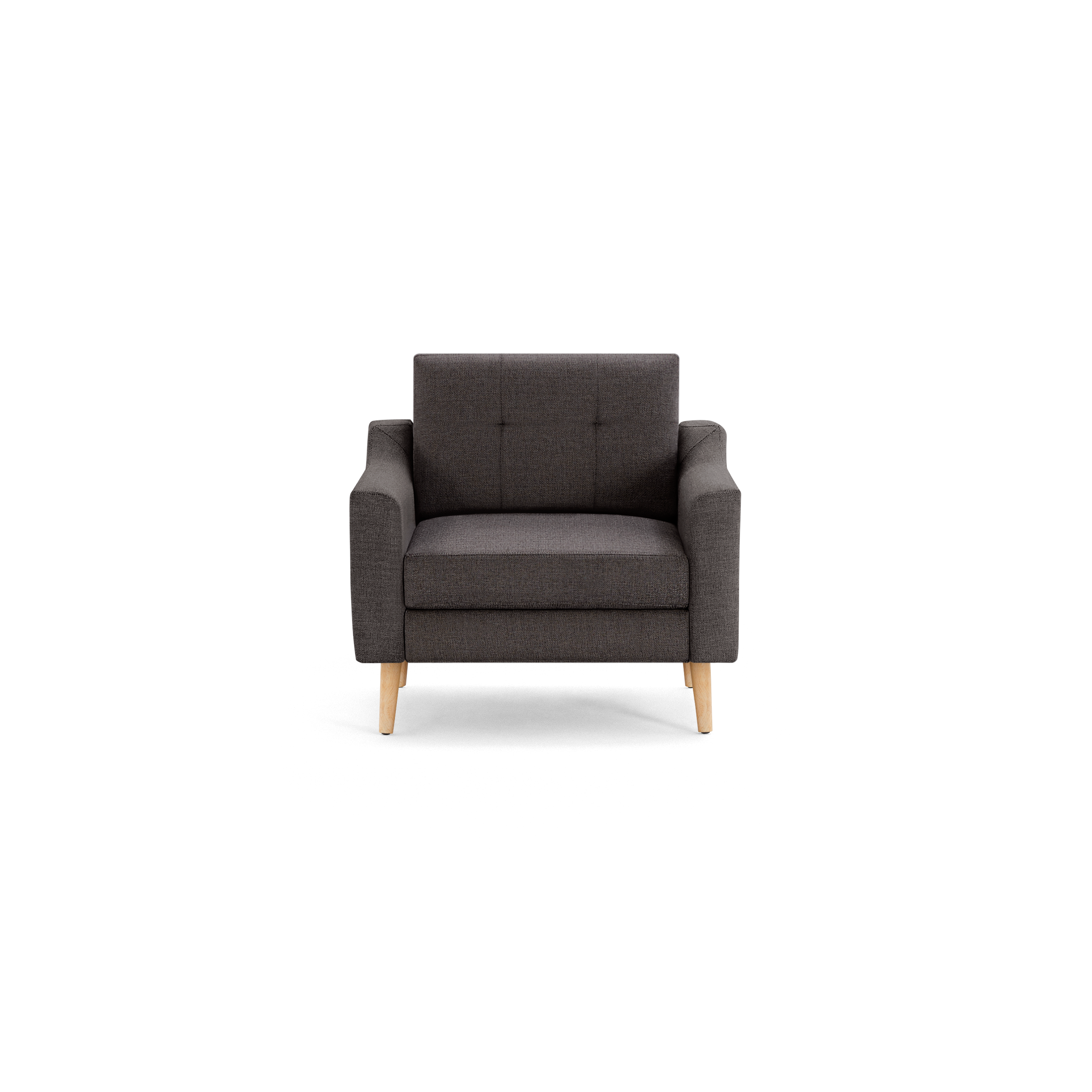 Modern dark gray upholstered armchair with clean lines, tufted backrest, padded seat, and light wooden legs against black background.