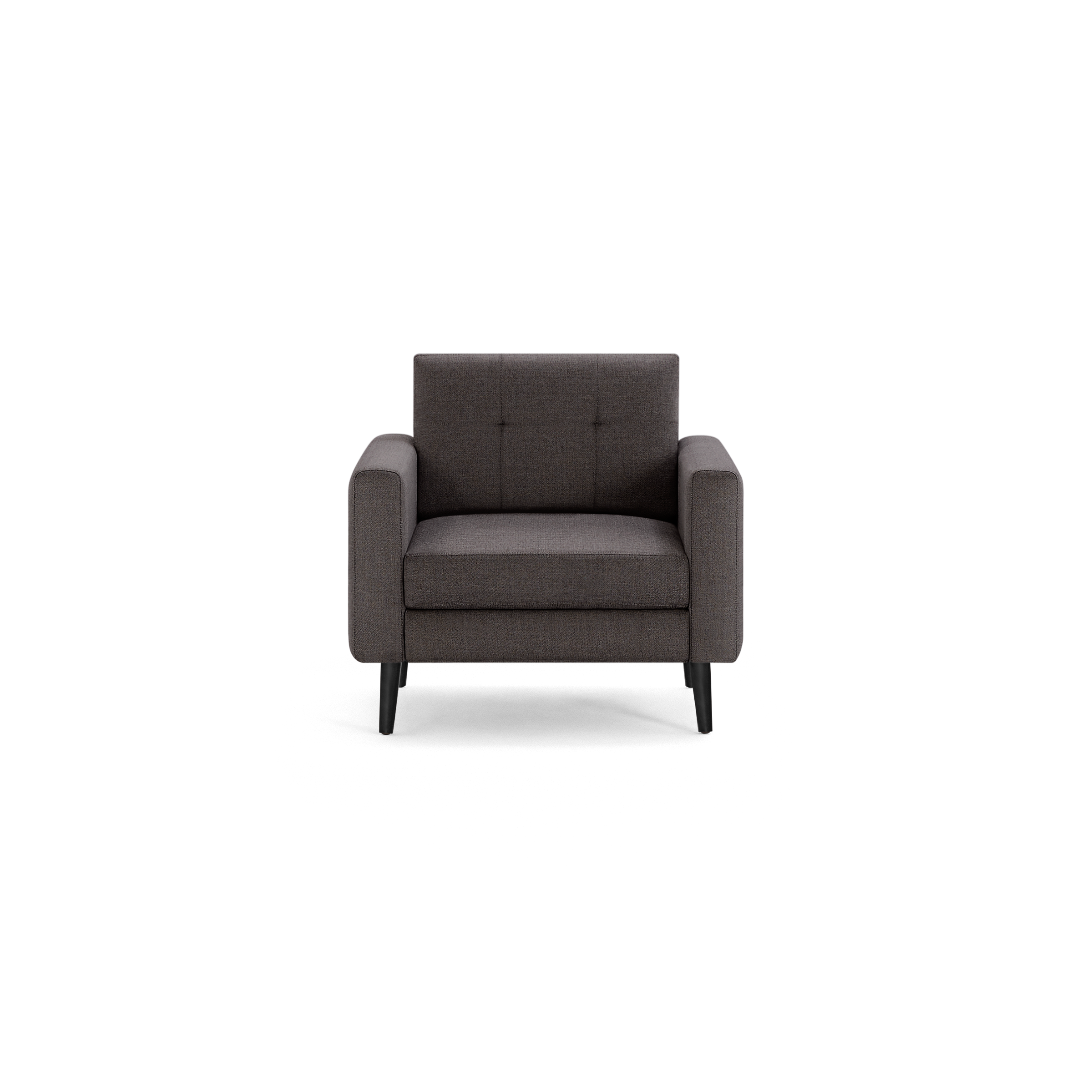 Dark gray fabric armchair with wide armrests, tufted backrest, and four angled black legs, shown on a white background.