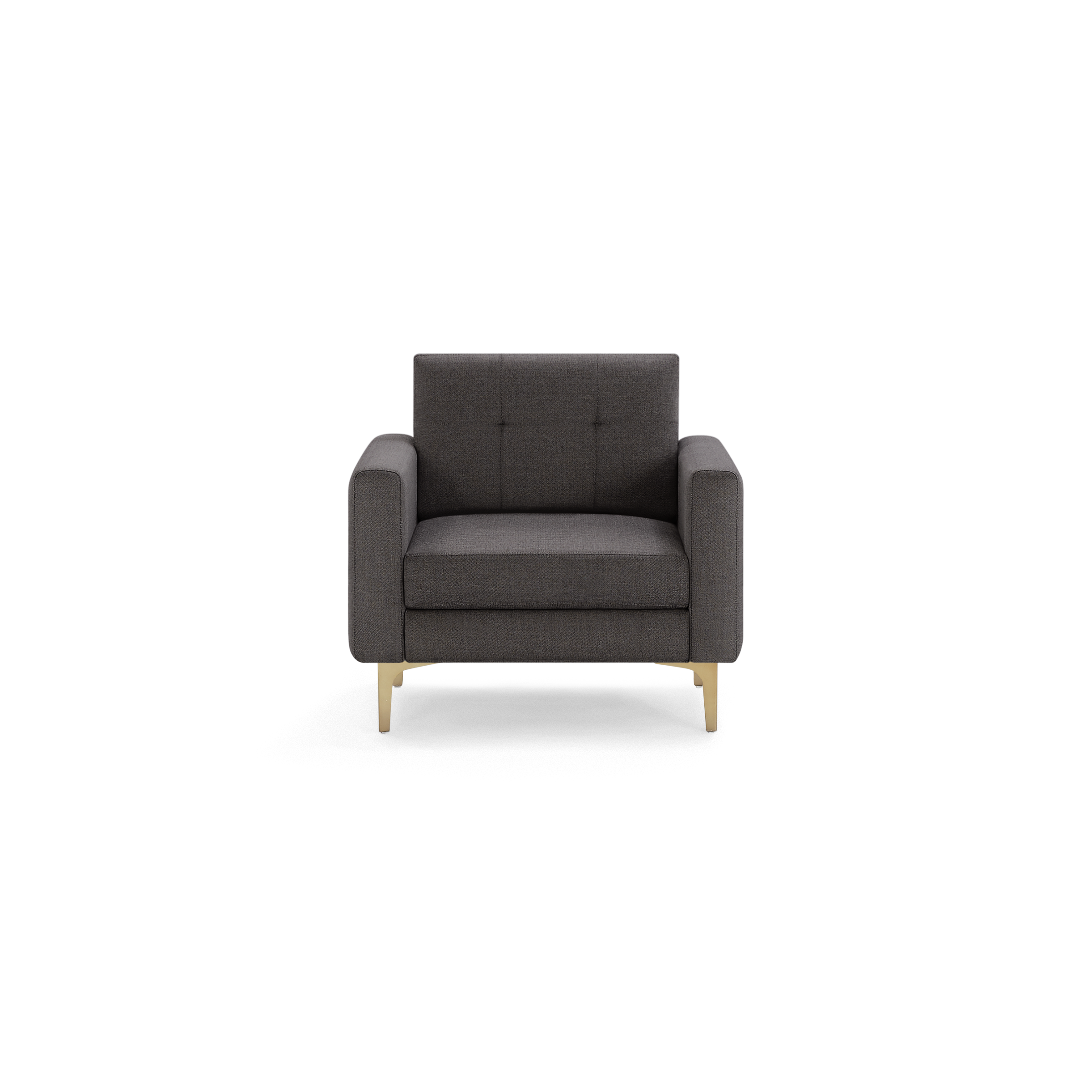 Dark gray upholstered armchair with square arms, tufted backrest, and slim gold metal legs, front view.
