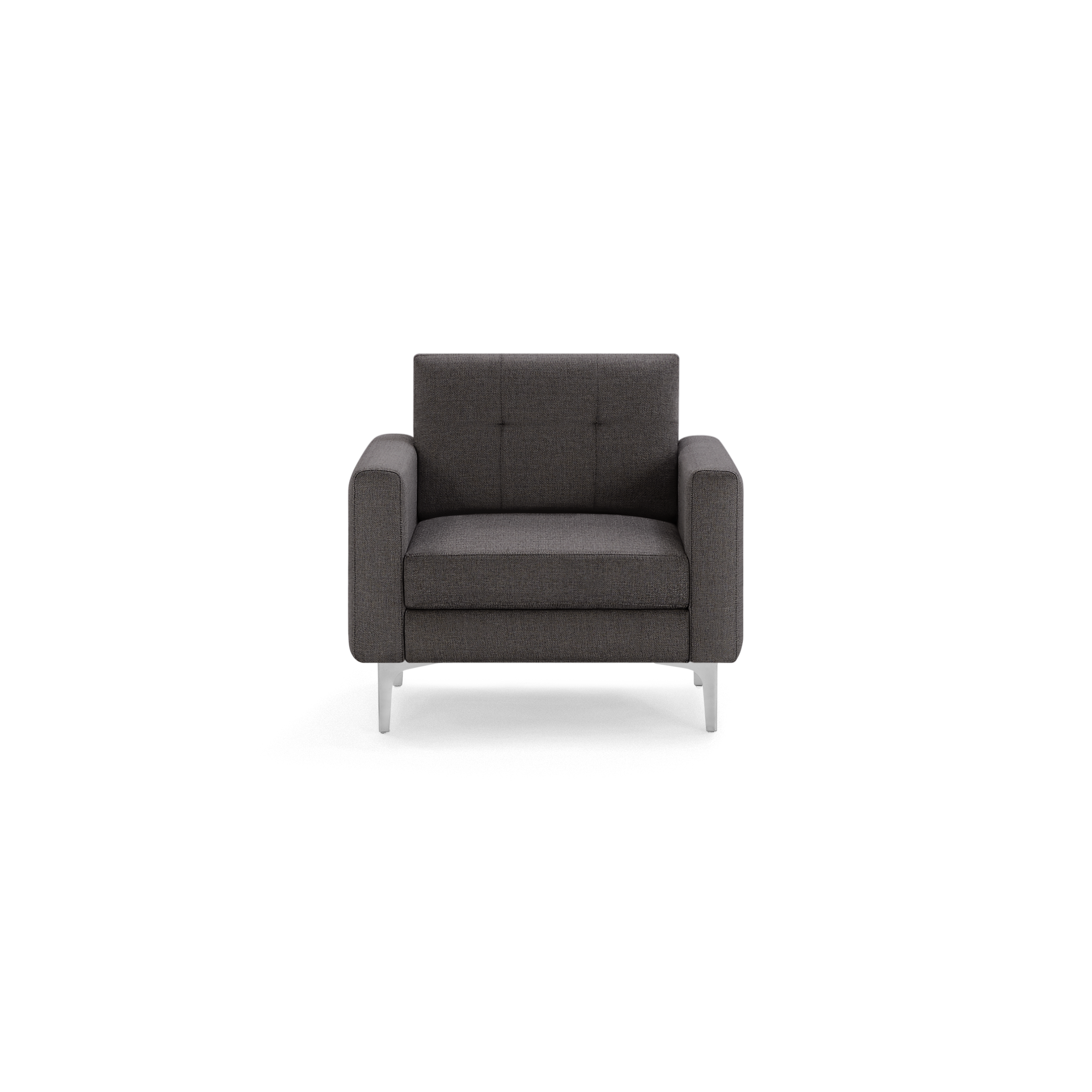 Modern dark gray fabric armchair with square arms, tufted backrest, and slim metal legs, shown against a black background.