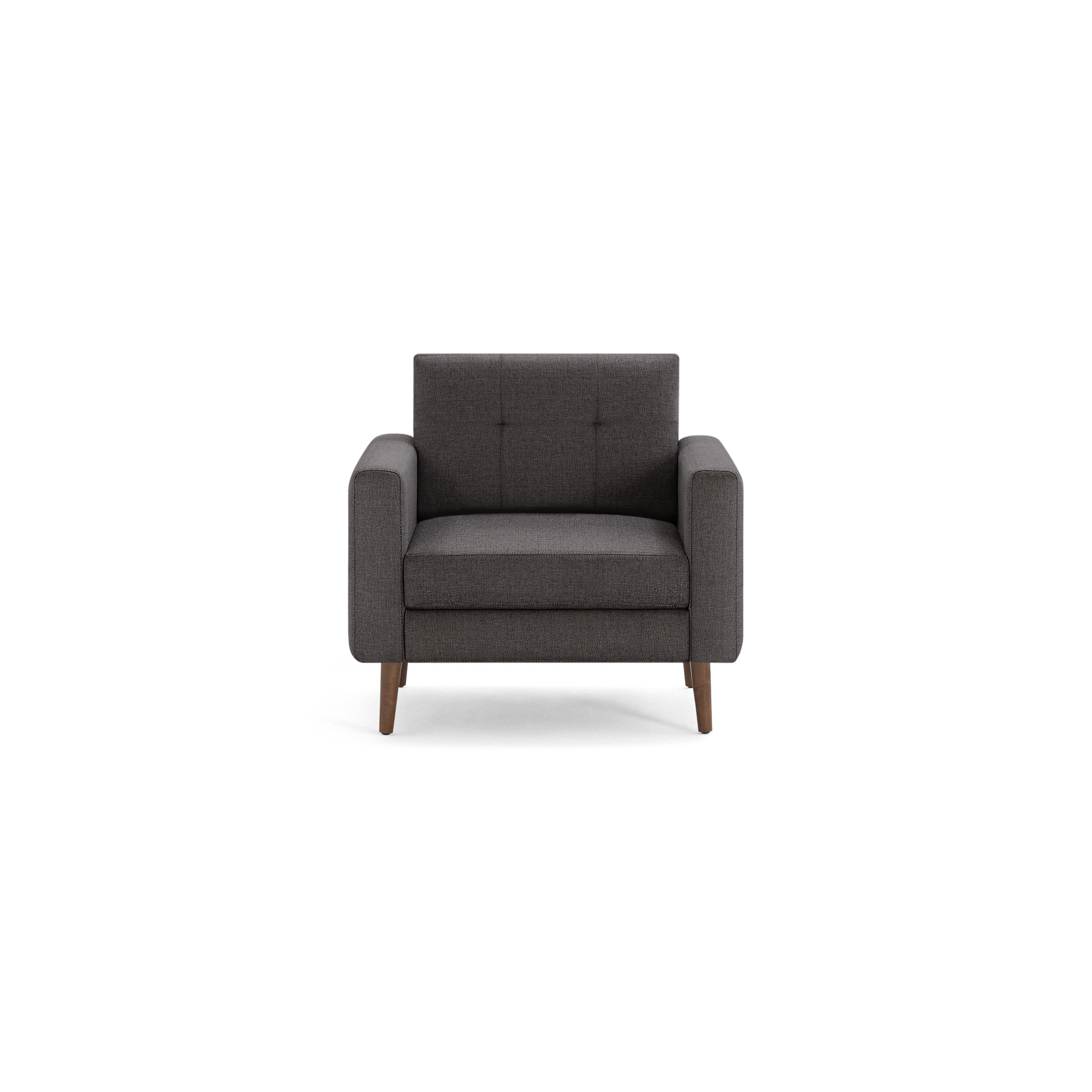 Dark gray fabric armchair with tufted backrest, wide armrests, and wooden tapered legs, shown from front.