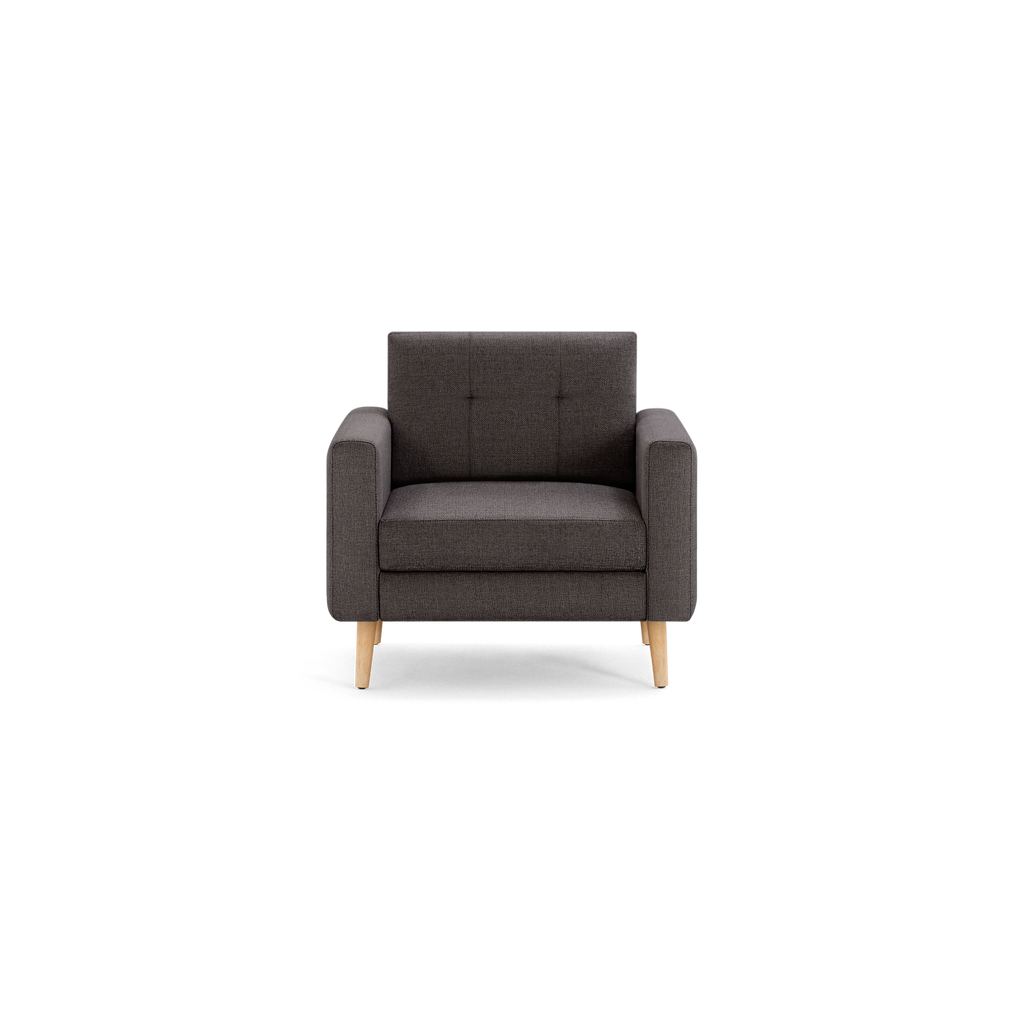 Dark gray fabric single-seater armchair with wooden legs, tufted backrest, and cushioned seat, modern minimalist design.
