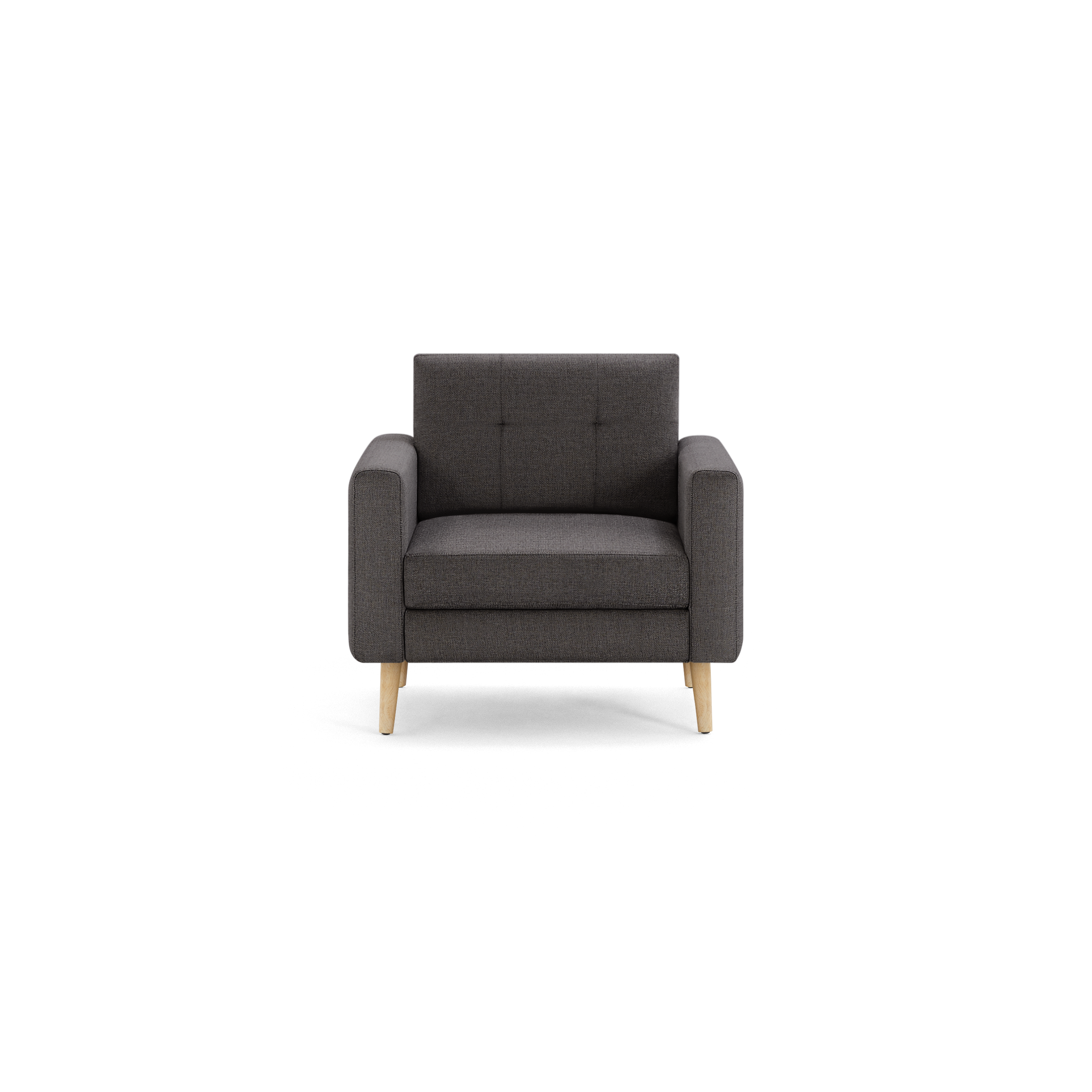 Dark gray fabric single-seater armchair with wooden legs, tufted backrest, and cushioned seat, modern minimalist design.