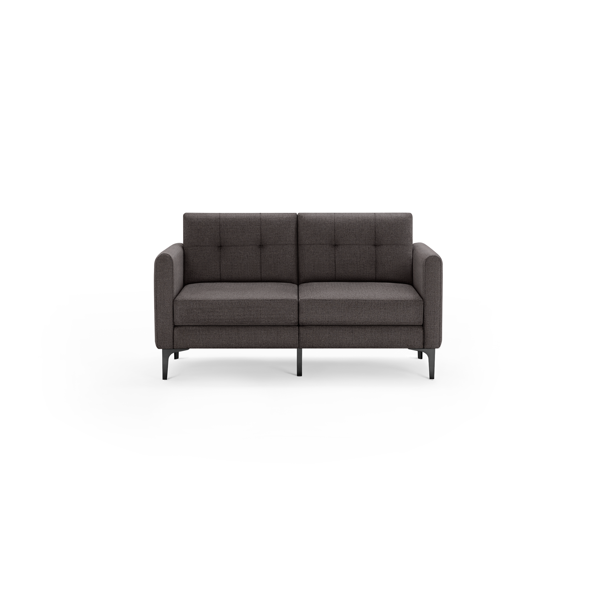 Dark gray modern upholstered two-seater sofa with tufted backrest and thin black metal legs, straight armrests, and a minimalist design.