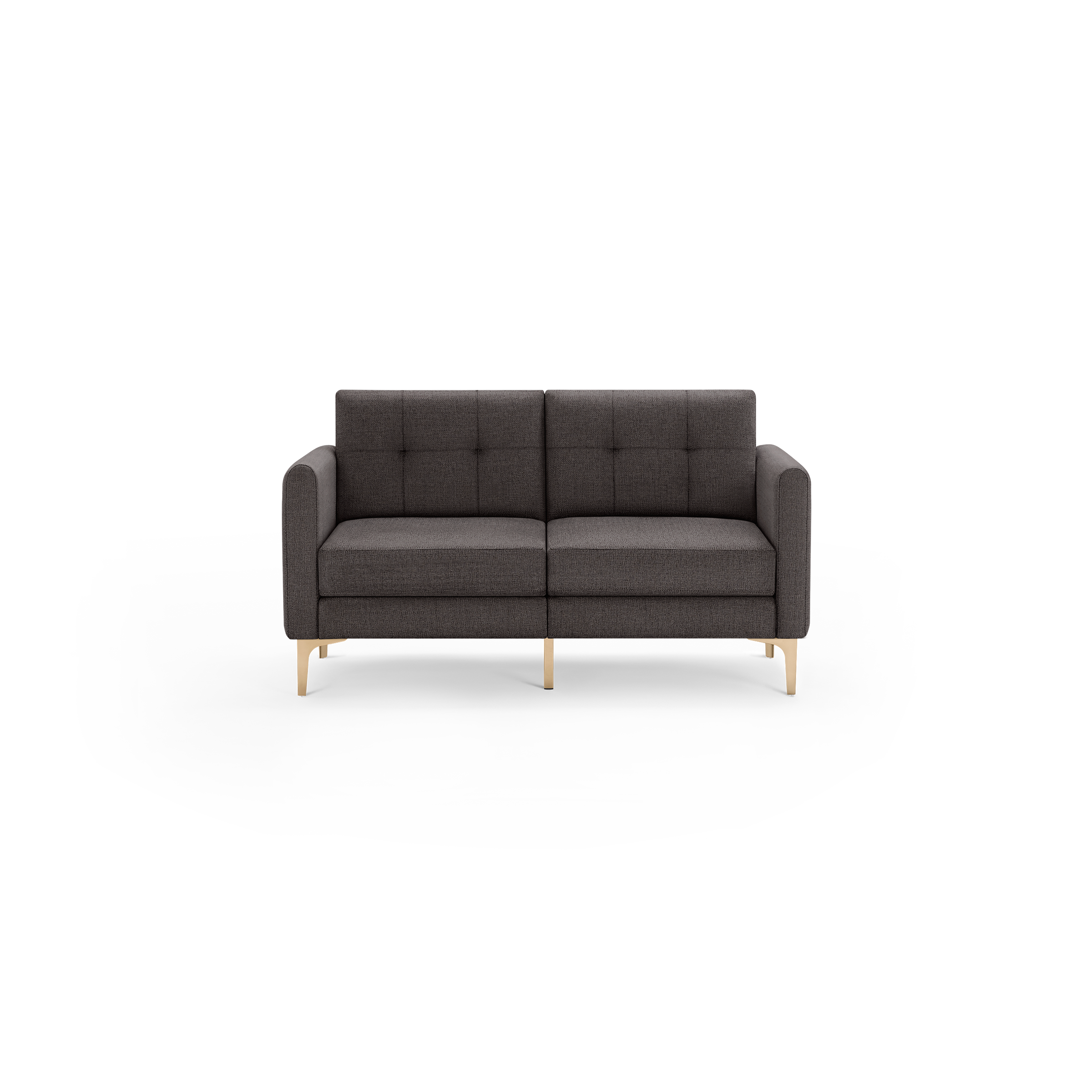 Dark gray modern two-seater sofa with button-tufted backrest, cushioned seats, rounded armrests, and slim gold metal legs.