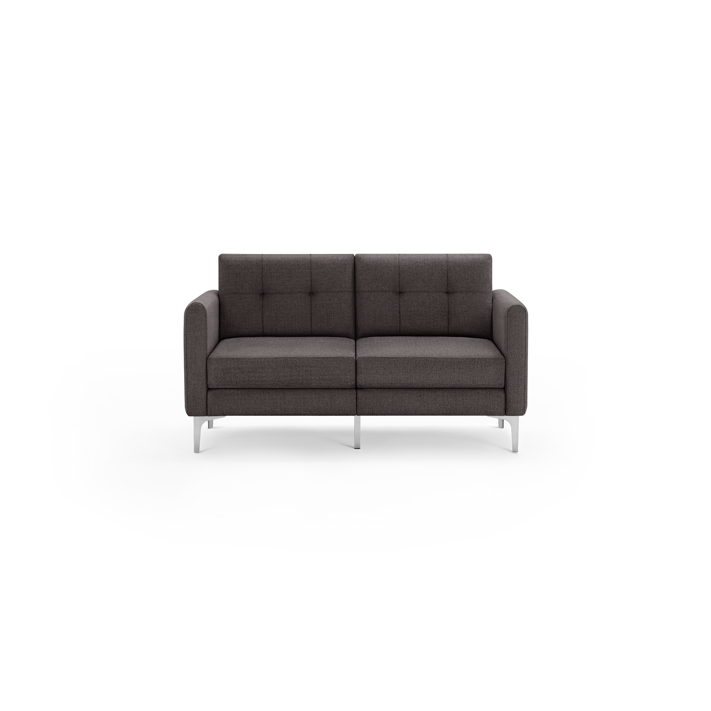 Modern dark gray upholstered two-seater sofa with tufted backrest, cushioned seats, and slim metal legs, shown against a black background.