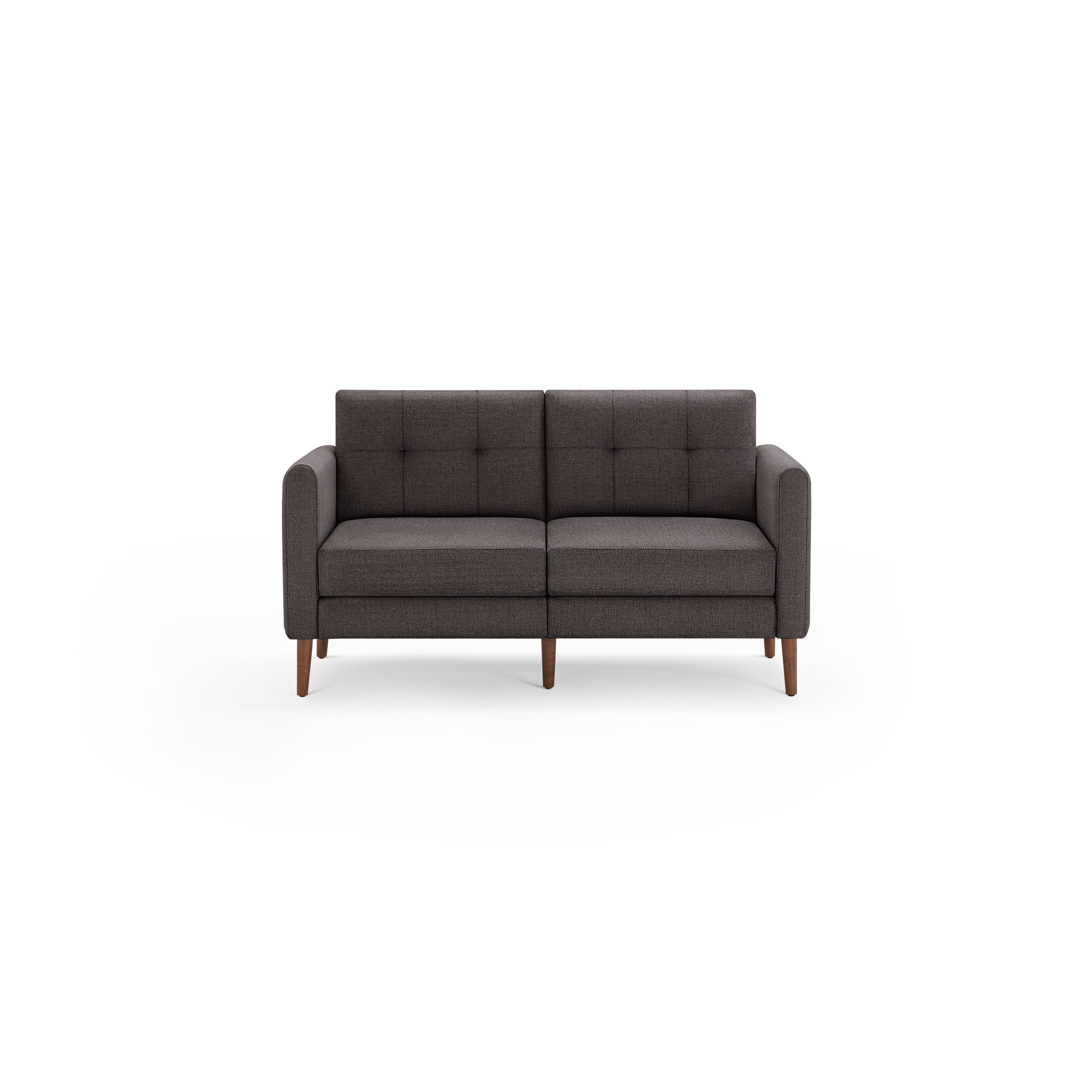 Modern dark gray fabric loveseat sofa with tufted backrest and wooden tapered legs against black background.