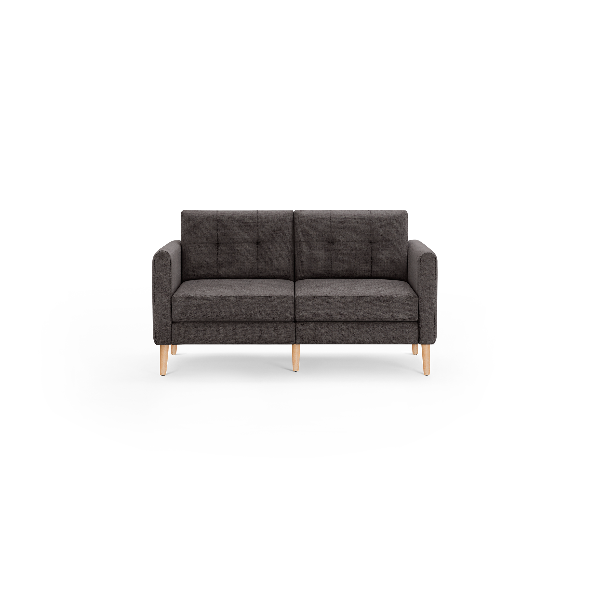 Dark gray upholstered two-seater sofa with tufted back cushions and light wooden legs, modern and minimalist design.
