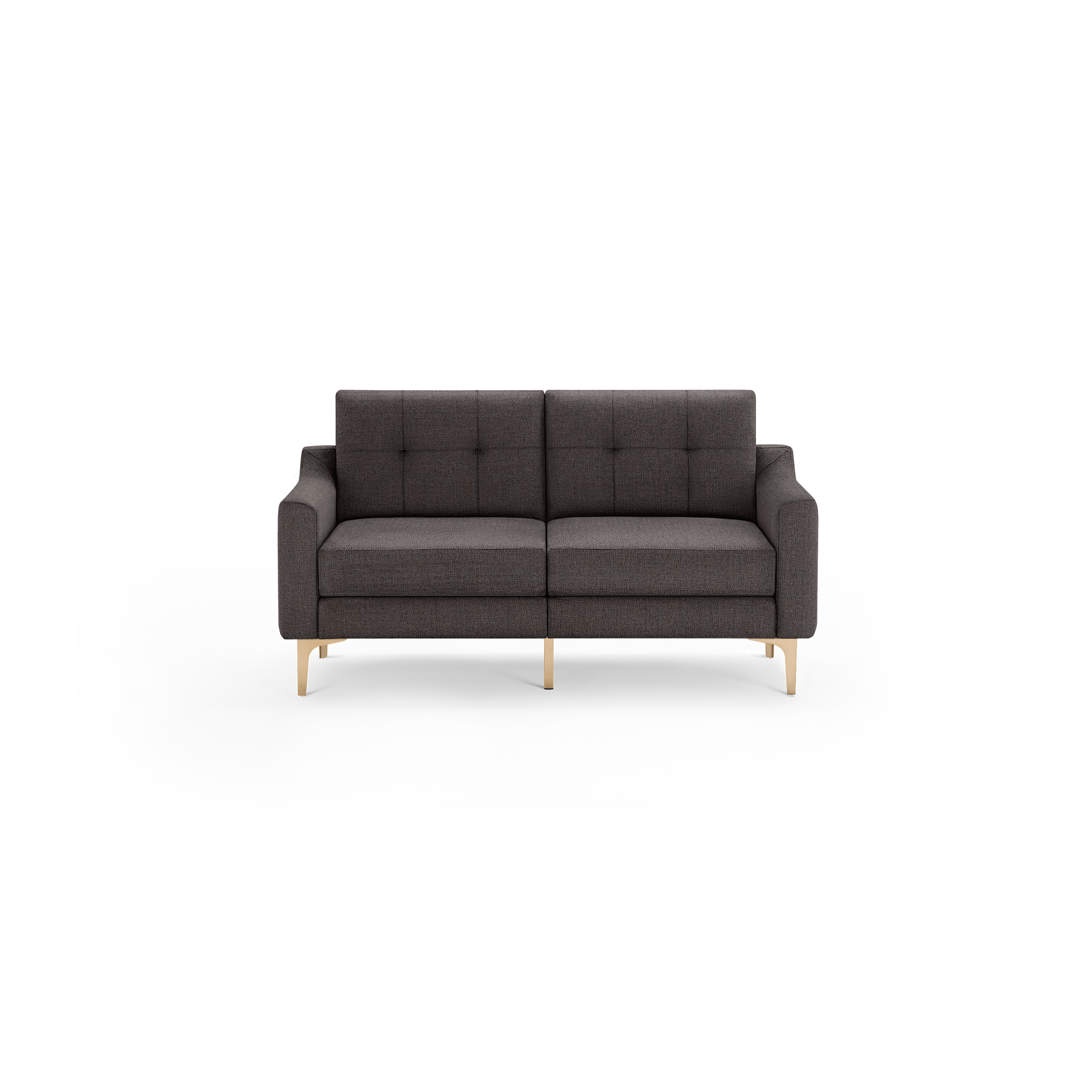 Dark gray upholstered two-seater sofa with tufted backrest, square arms, and wooden legs in light finish, isolated on black.