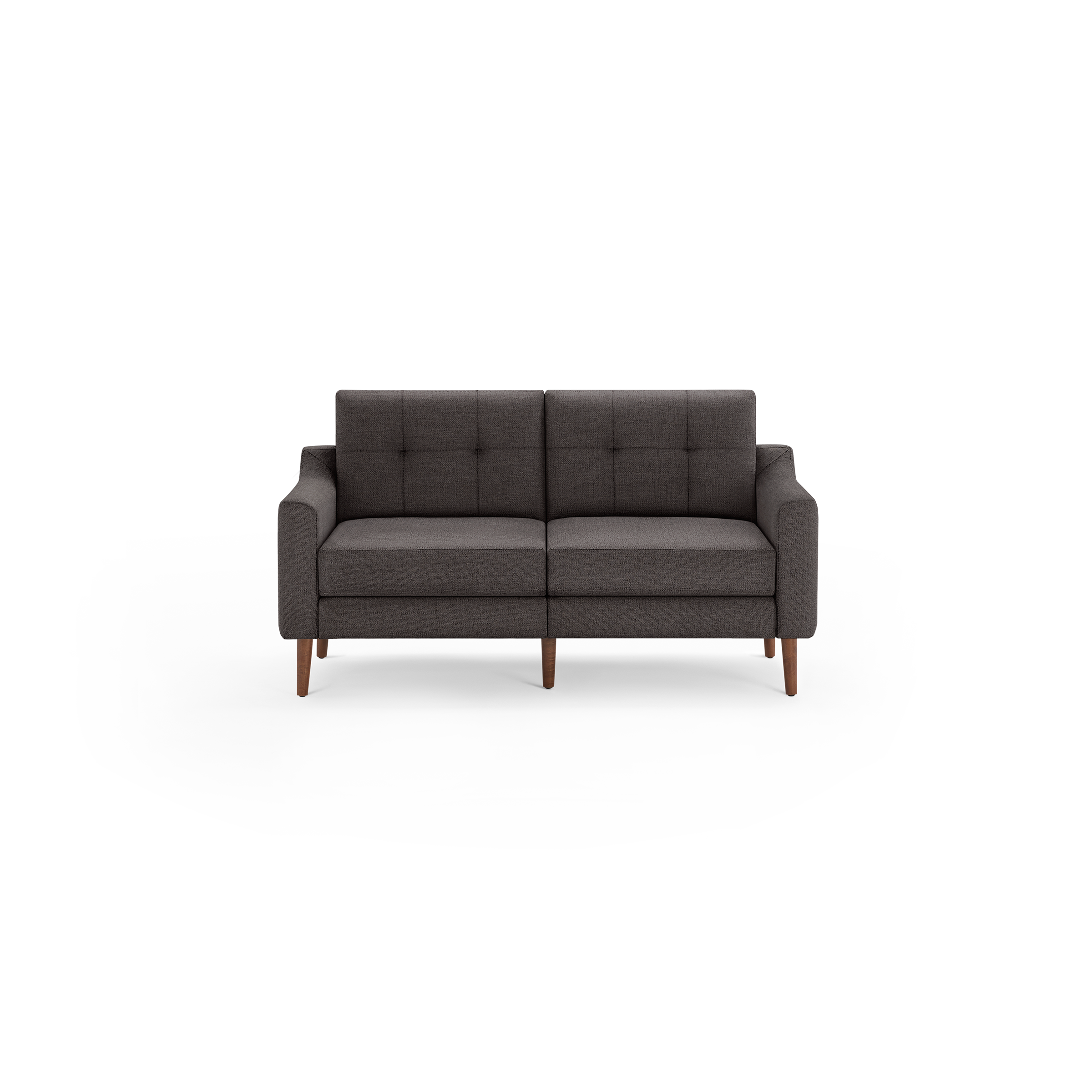 Dark gray mid-century modern two-seater sofa with tufted back cushions and wooden legs on a black background.
